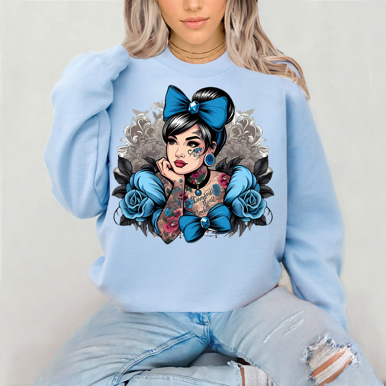 Tattooed chinoseri Girl Crewneck Sweatshirt, Edgy Fashion, Casual Wear, Gift for Her, Vintage Style, Streetwear Outfit