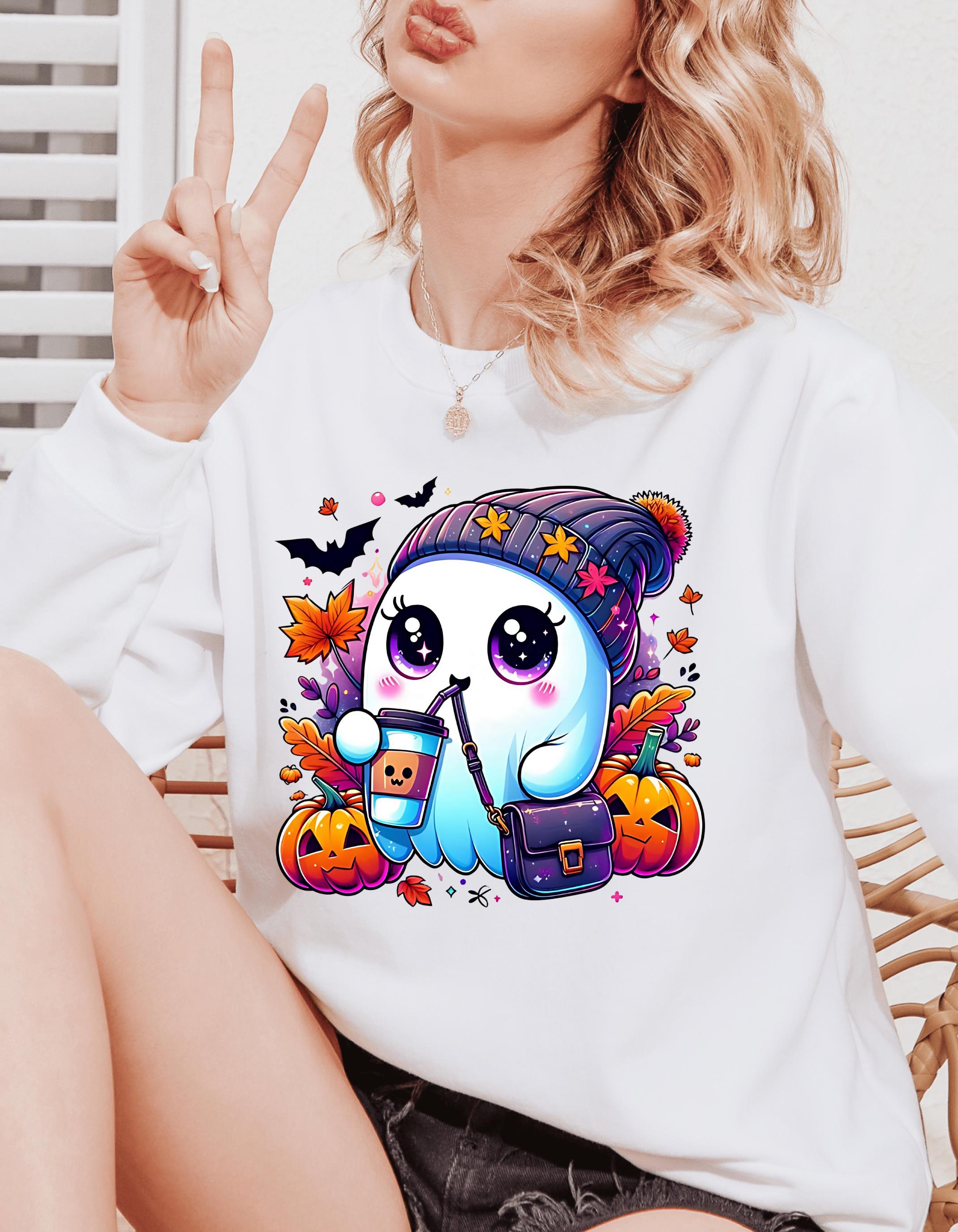 Halloween Ghost Sweatshirt - Cute Autumn Leaves & Pumpkins Crewneck - Fall Season Casual Pullover - Perfect Gift for Halloween Party