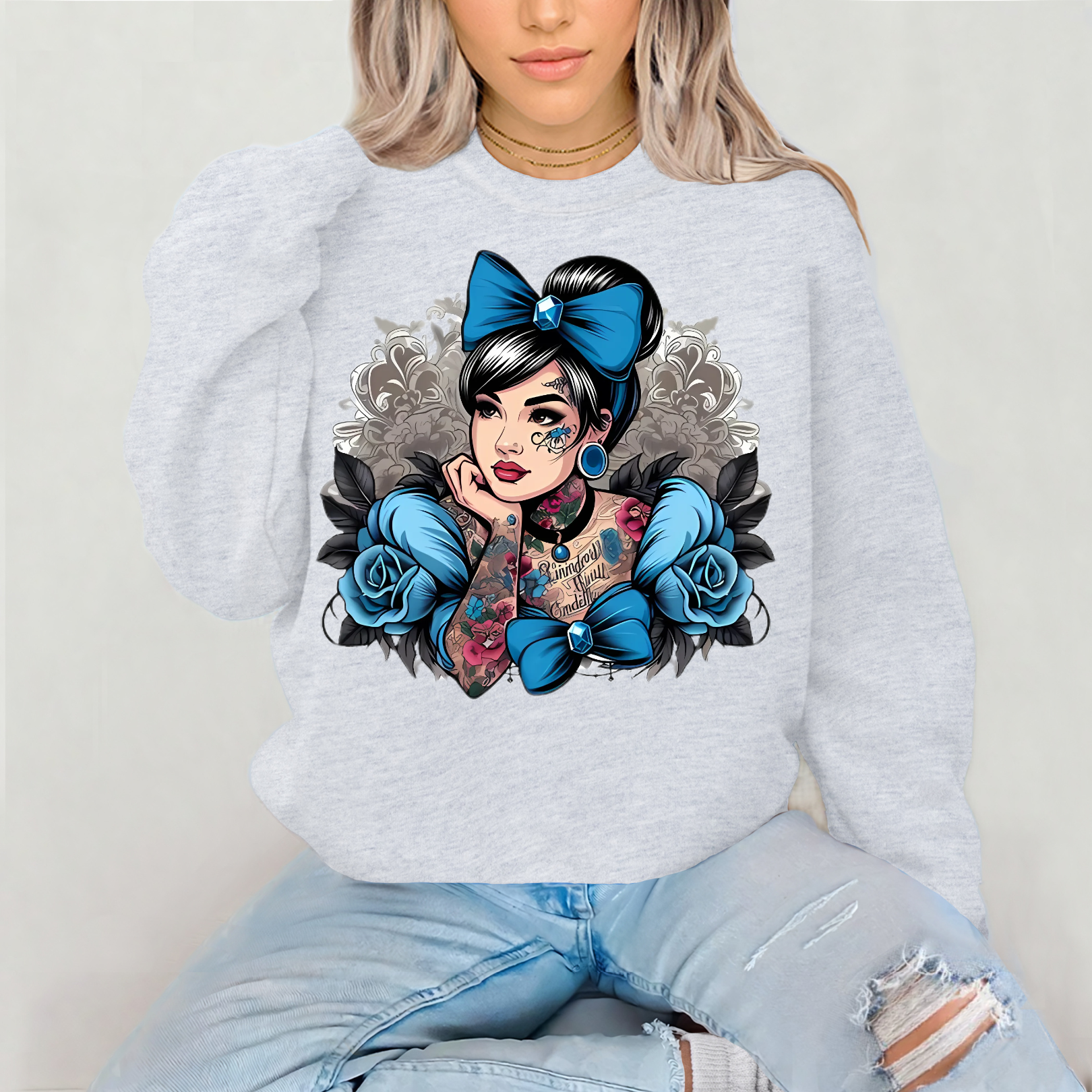 Tattooed chinoseri Girl Crewneck Sweatshirt, Edgy Fashion, Casual Wear, Gift for Her, Vintage Style, Streetwear Outfit