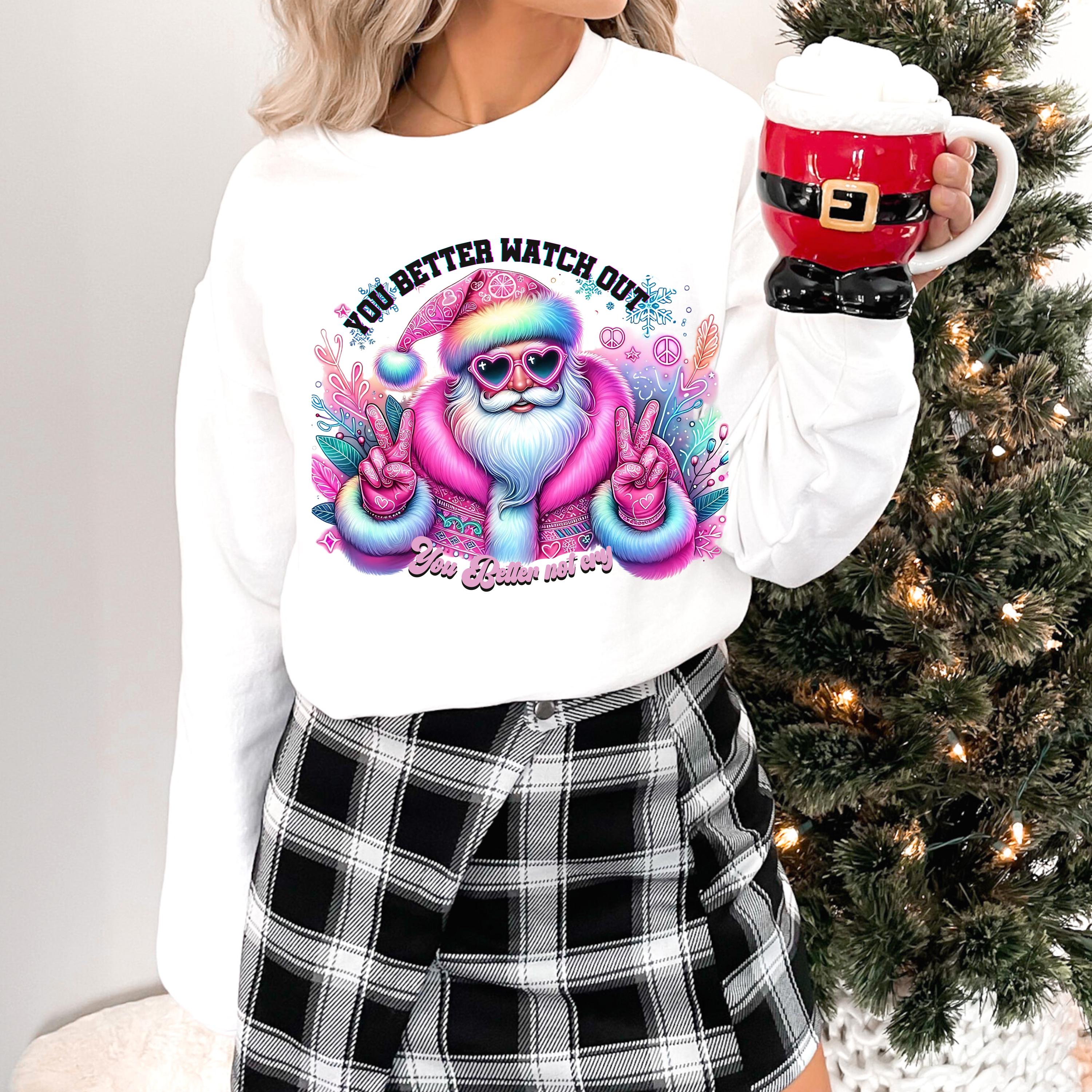 Personalisierbares Neon-Hippie-Weihnachtsmann-Sweatshirt – Leuchtender psychedelischer Weihnachtspullover mit Friedenszeichen – Einzigartige festliche Urlaubskleidung“