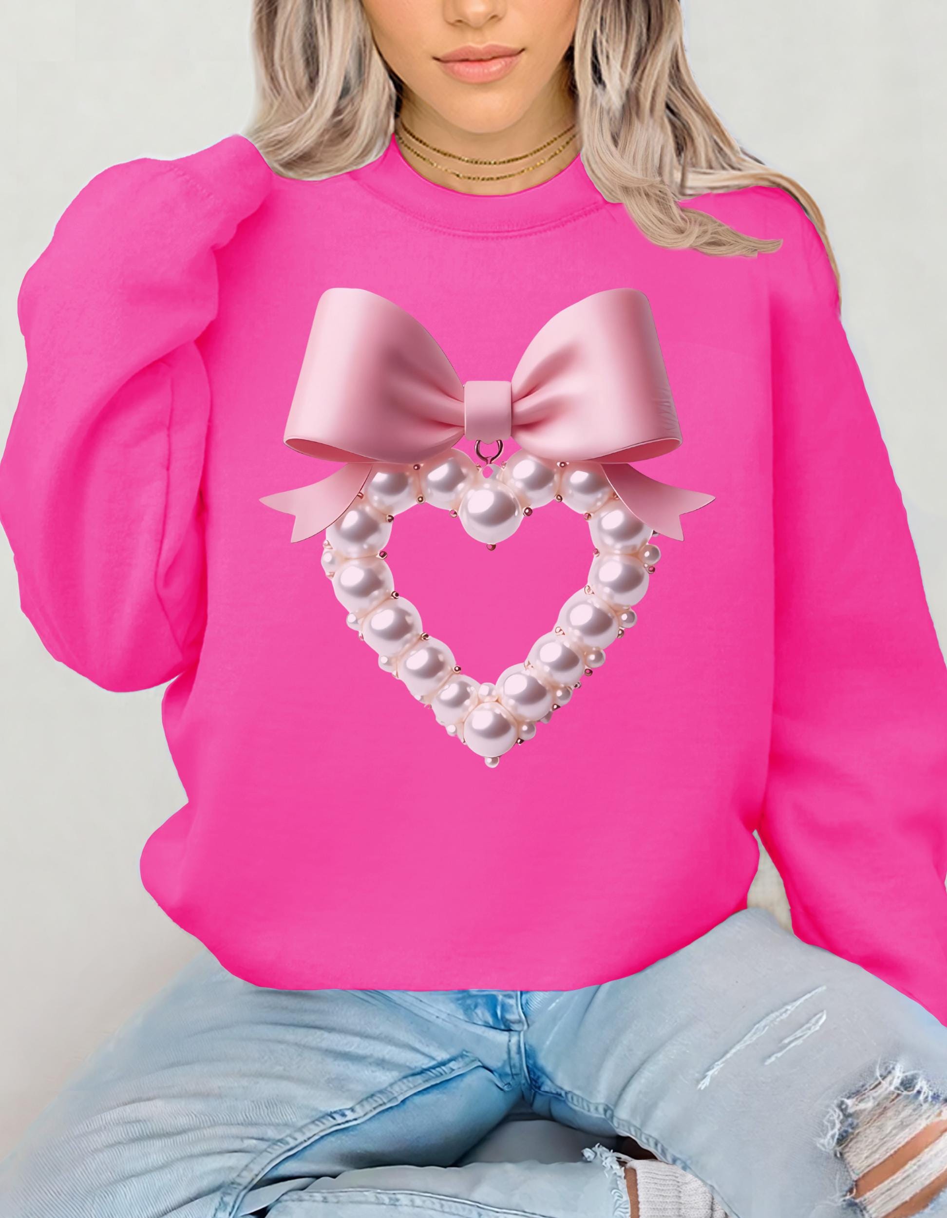 Coquette Pearl Heart Crewneck Sweatshirt, Süßer Schleifenpullover, Weißer Ästhetischer Pullover, Trendy Perlen Design Pullover, Personalisierter Pullover