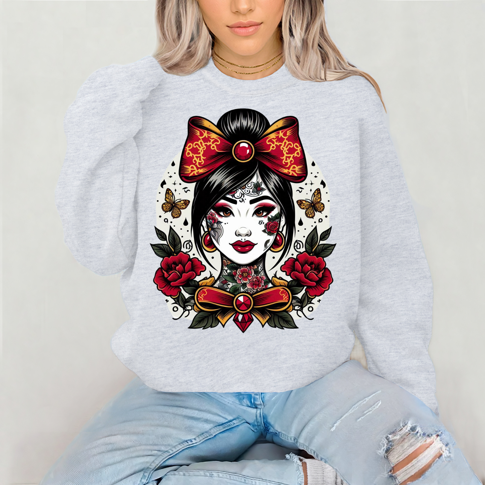 Vintage Chinoiserie Chinesisches Tattoo Sweatshirt | Boho Urban Fashion, Geschenk für Kunstliebhaber, gemütliche Streetwear, perfekt für Herbst/Winter