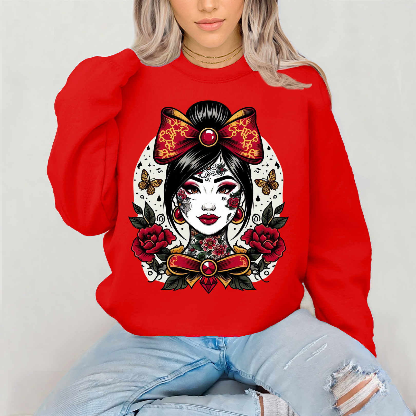 Vintage Chinoiserie Chinesisches Tattoo Sweatshirt | Boho Urban Fashion, Geschenk für Kunstliebhaber, gemütliche Streetwear, perfekt für Herbst/Winter