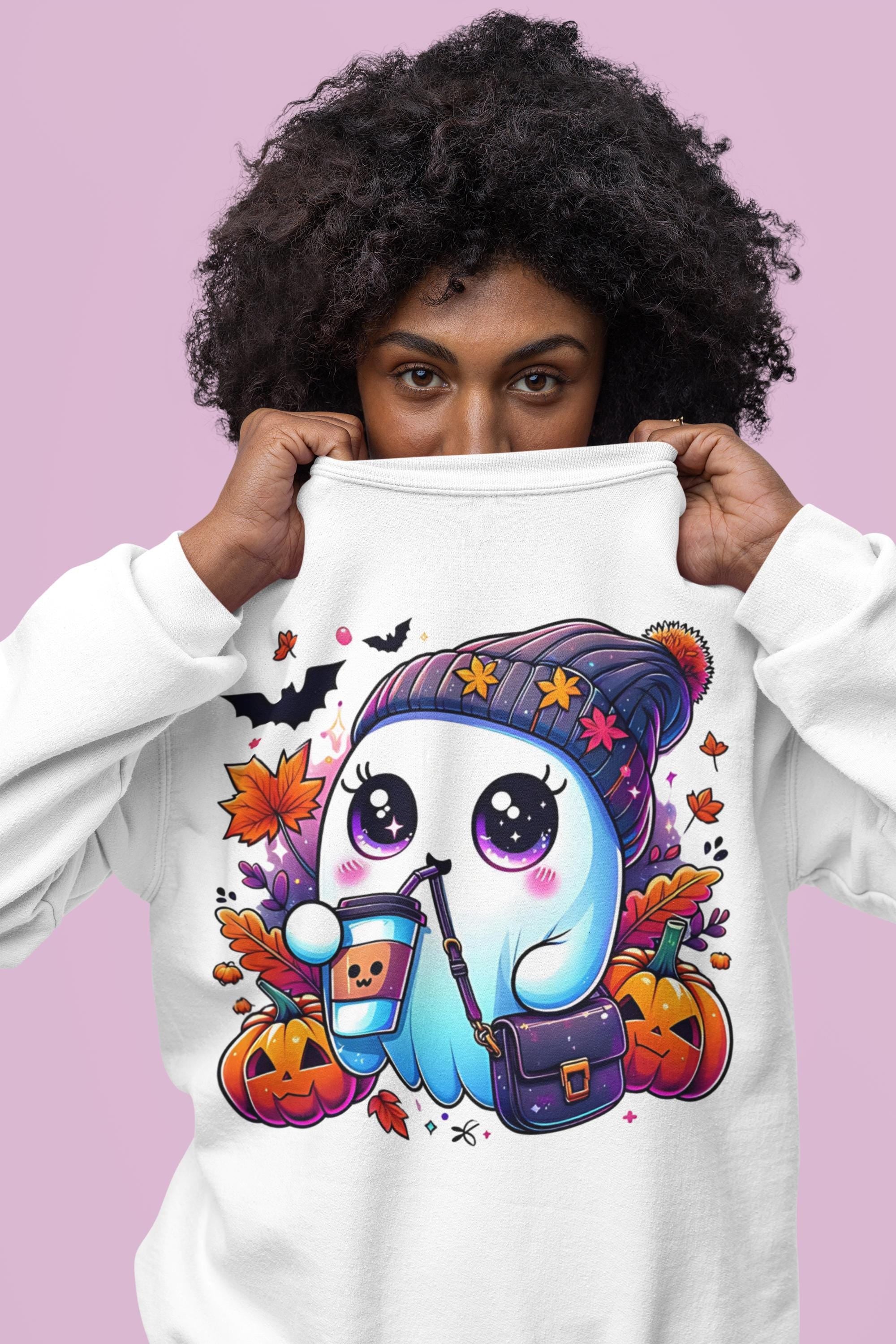 Halloween Ghost Sweatshirt - Cute Autumn Leaves & Pumpkins Crewneck - Fall Season Casual Pullover - Perfect Gift for Halloween Party