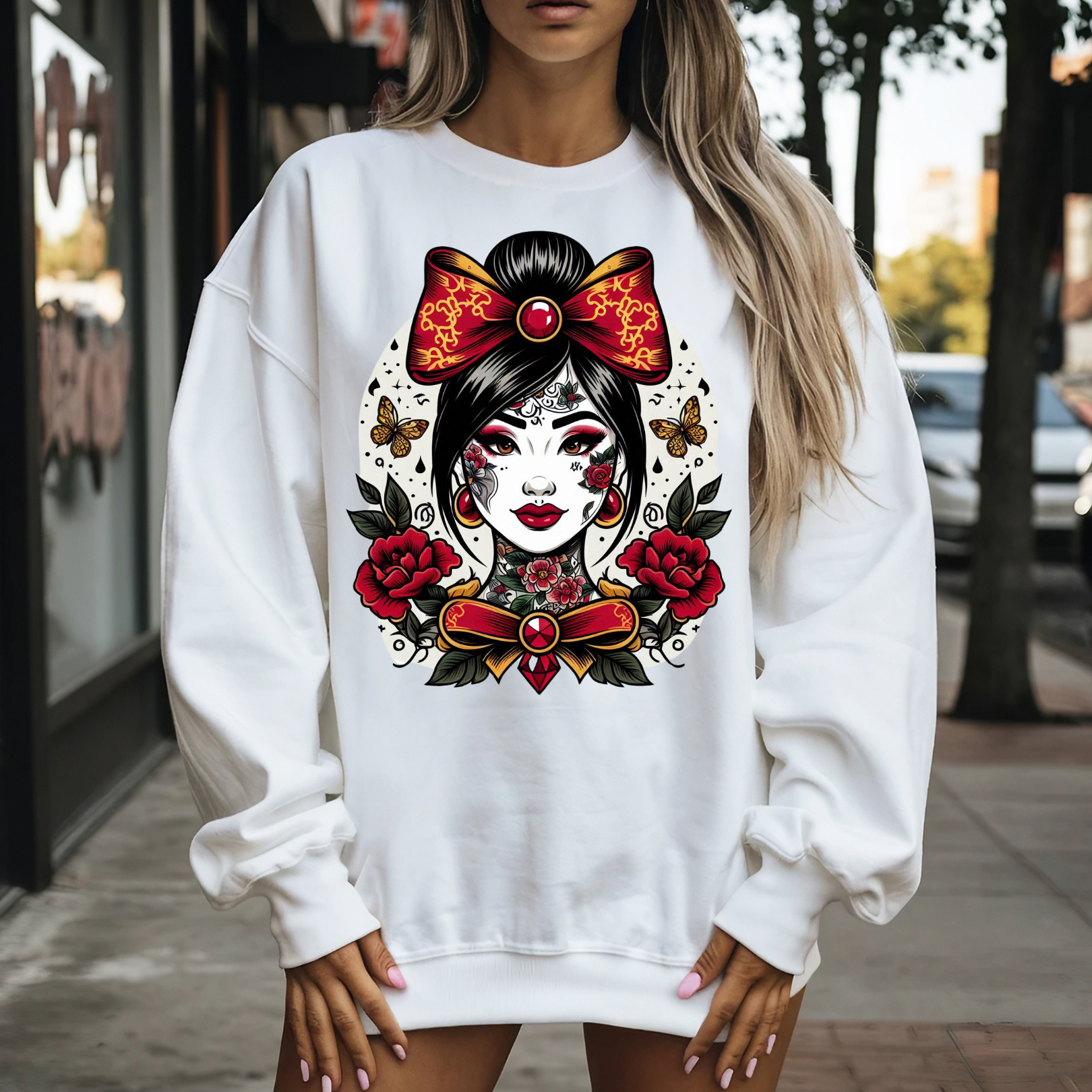 Vintage Chinoiserie Chinesisches Tattoo Sweatshirt | Boho Urban Fashion, Geschenk für Kunstliebhaber, gemütliche Streetwear, perfekt für Herbst/Winter