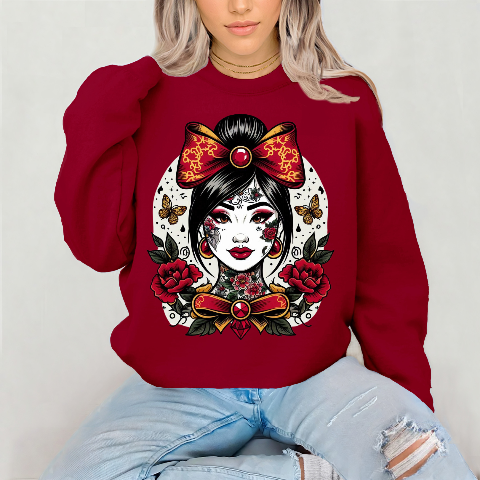 Vintage Chinoiserie Chinesisches Tattoo Sweatshirt | Boho Urban Fashion, Geschenk für Kunstliebhaber, gemütliche Streetwear, perfekt für Herbst/Winter