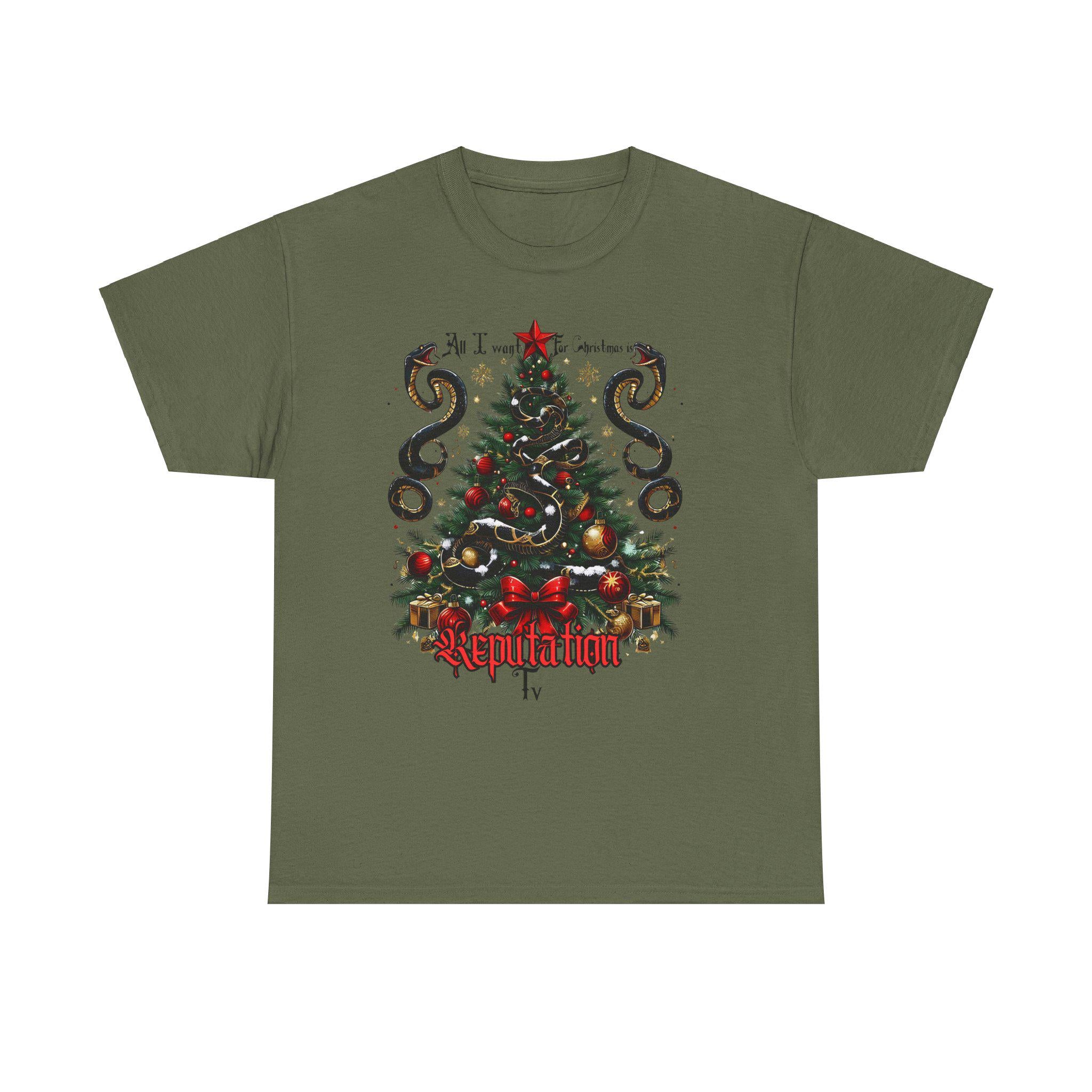 Personalizable Gothicore Christmas Tee, All I Want for Christmas is Reputation TV, Gold Snake Shirt, Unisex Holiday Top, Festive Tee