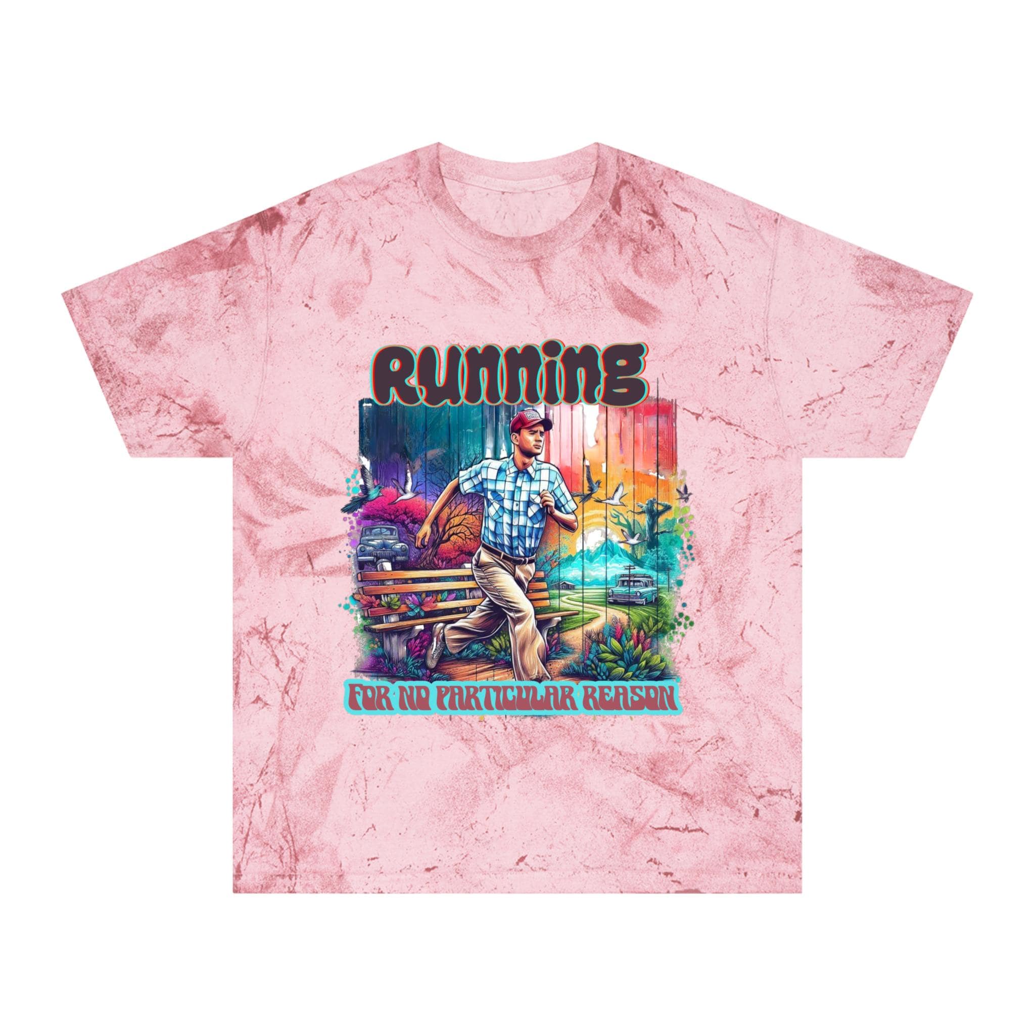 Lebendiges Lauf-T-Shirt im Stil der 90er-Jahre-Filme – Color Blast Design – Unisex – Bequeme Baumwolle – Kultige Film-Hommage – Einzigartige Geschenkidee