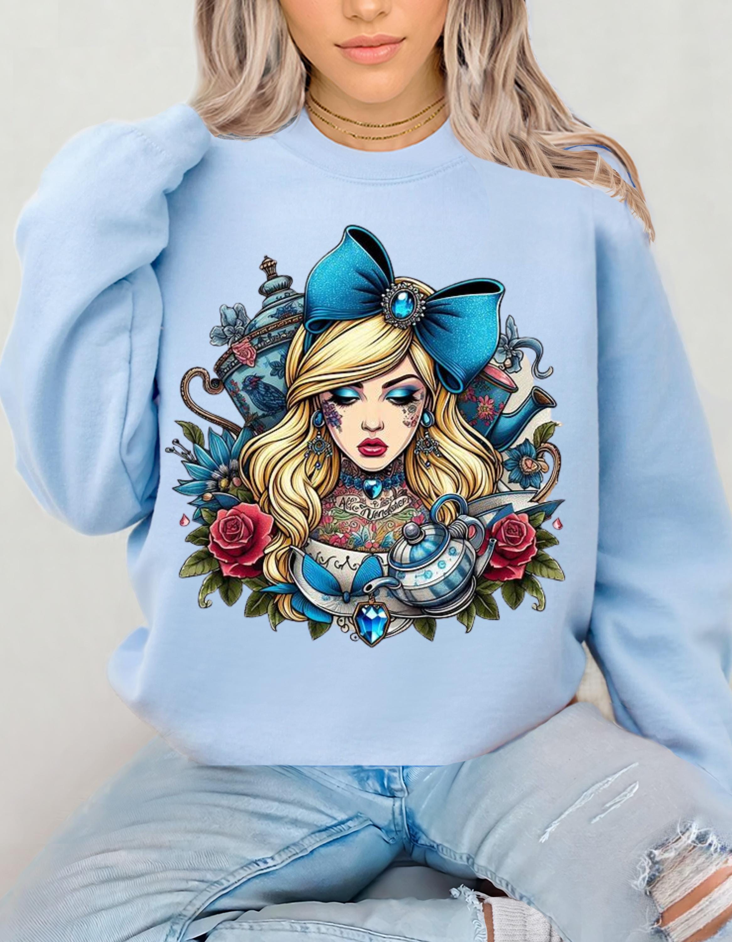 Alice-Inspired chinoiserie Sweatshirt, Whimsical Pullover, Cute Gift for Her, Vintage Style Crewneck, Fantasy Fashion Top, Cozy Casual Wear