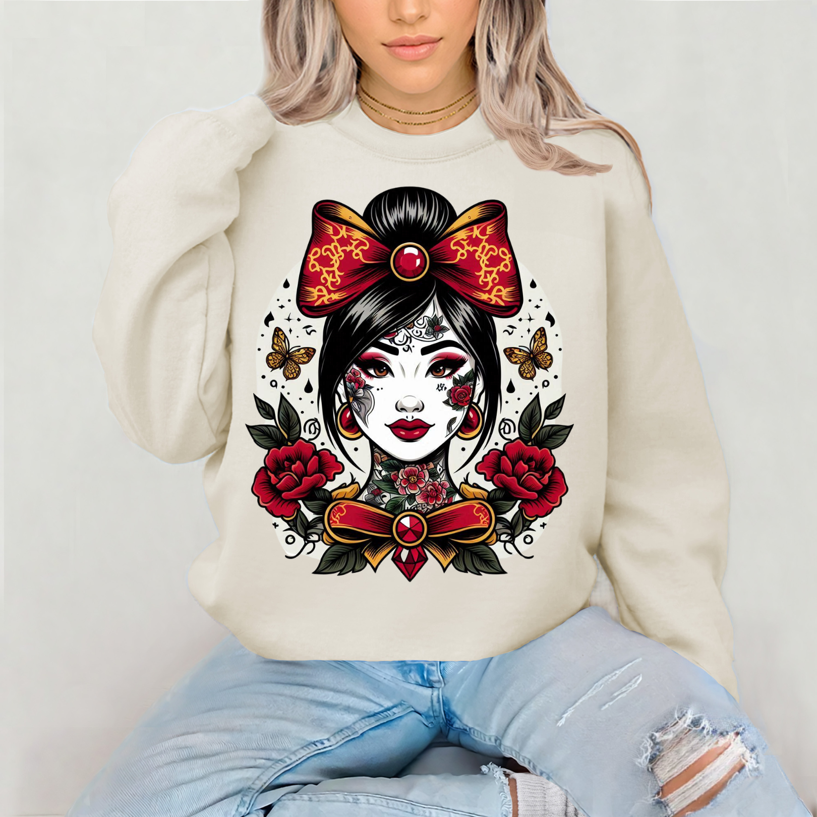 Vintage Chinoiserie Chinesisches Tattoo Sweatshirt | Boho Urban Fashion, Geschenk für Kunstliebhaber, gemütliche Streetwear, perfekt für Herbst/Winter