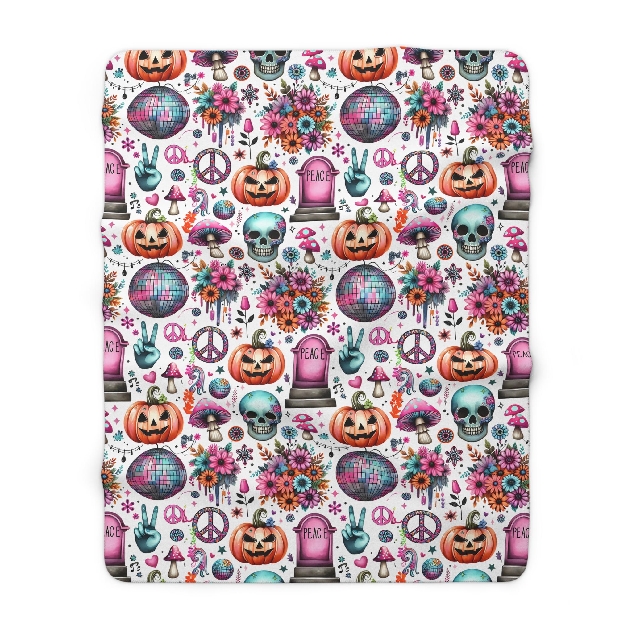 Personalizable Hippie Halloween Sherpa Fleece Blanket - Cozy and Spooky Seasonal Decor