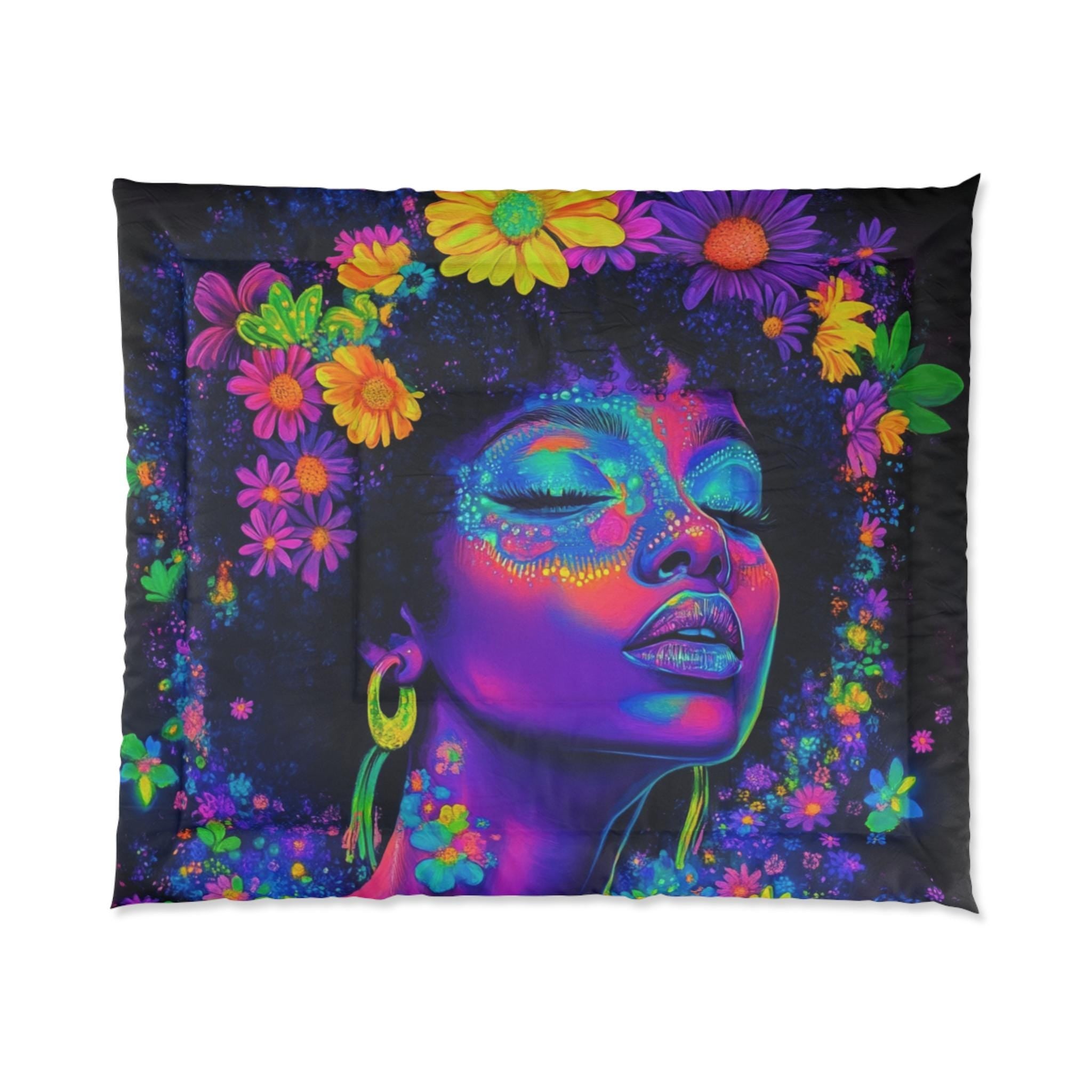 Bettdecke, Neon Black Girl Afro Neon Butterflies Magic, Y2K - Afrozentrische Bettwäsche, Schwarze Queen Size Quilt, African American Home Decor, Boho