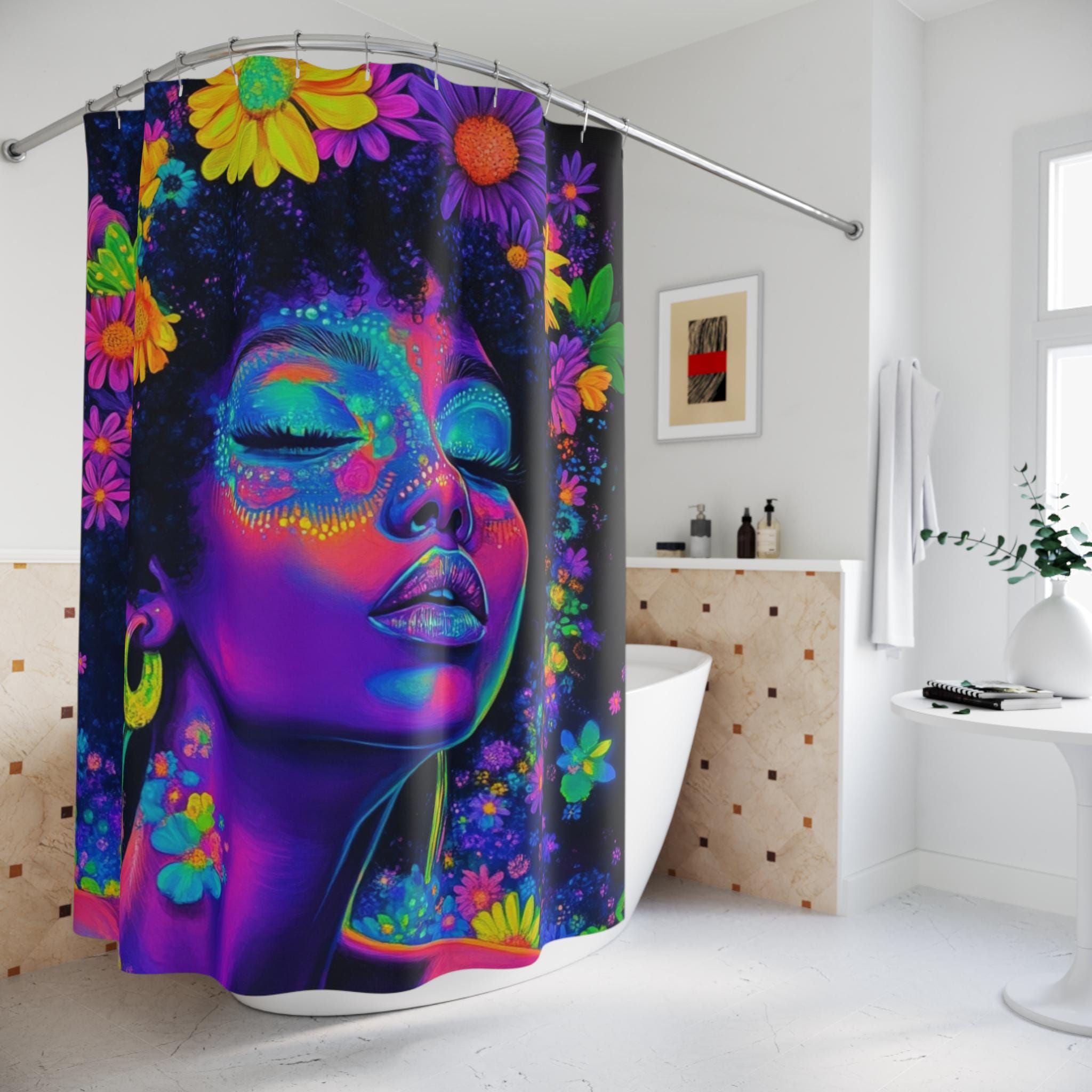 Neon Black Girl Afro Shower Curtain - Black Girl Magic Y2K Bathroom Decor, African American History, Black Woman Art, Neon Butterflies,