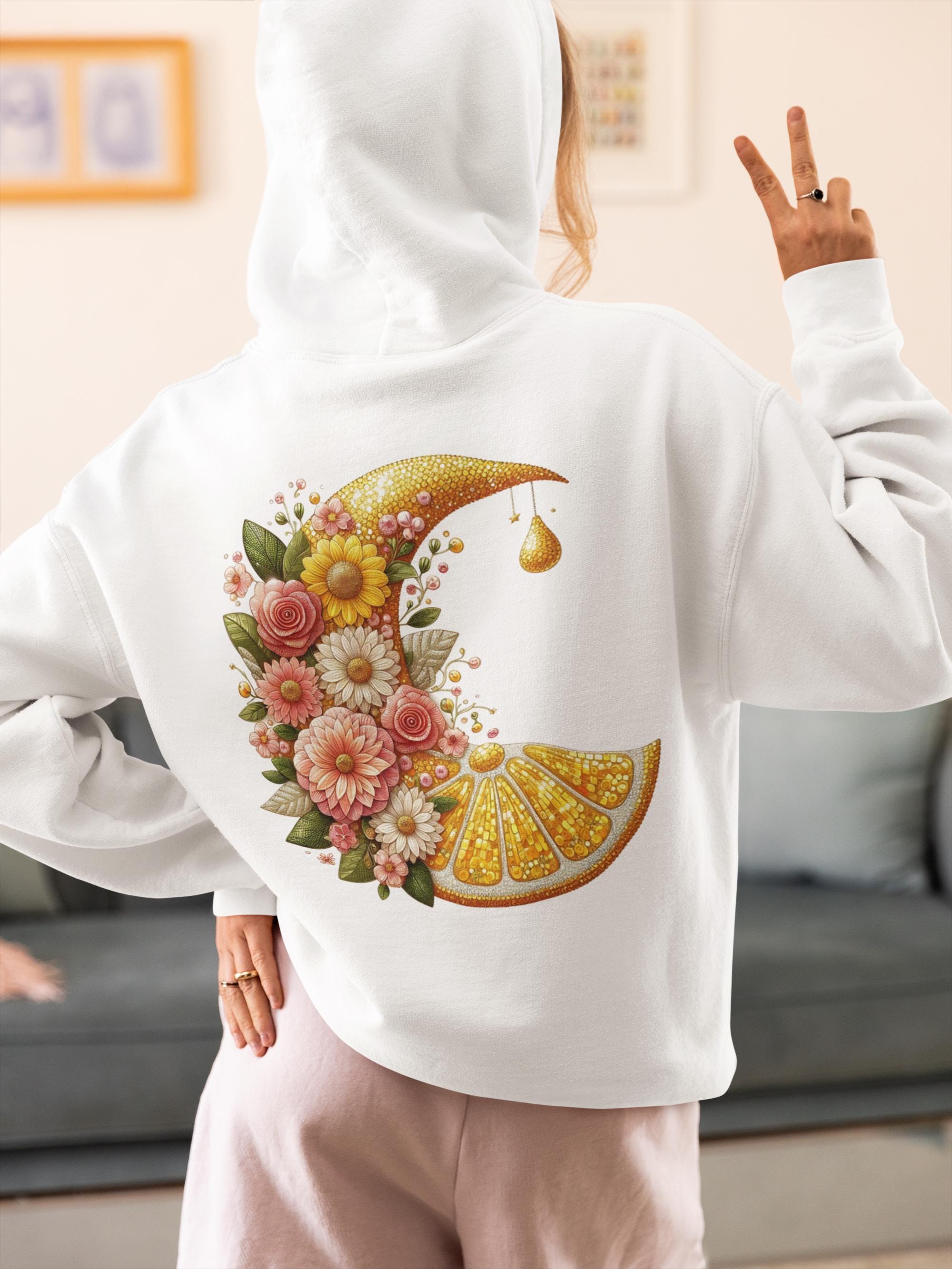 Frucht Hoodie, Lemon Moon Sweatshirt, Gärtnerfreude, Einzigartiges Geschenk für Sie, Florales Obstmuster, Coquette Style, Paillettenkunst, Roségold