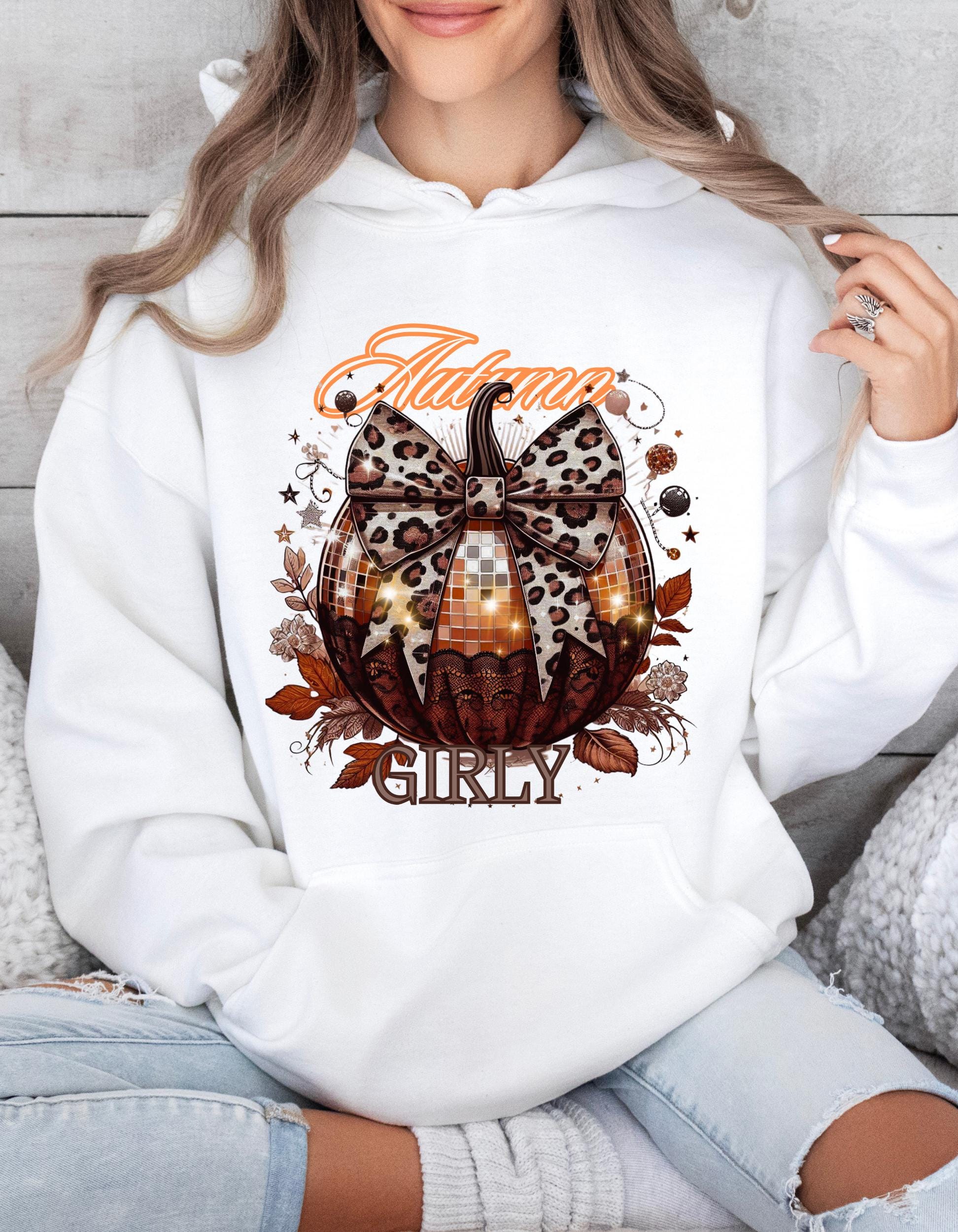 Thanksgiving Autumn Girly Disco Pumpkin Leopard Print Bow Coquette Sweatshirt, Fall Holiday Pullover Jumper, Gift for Her, Funny Halloween