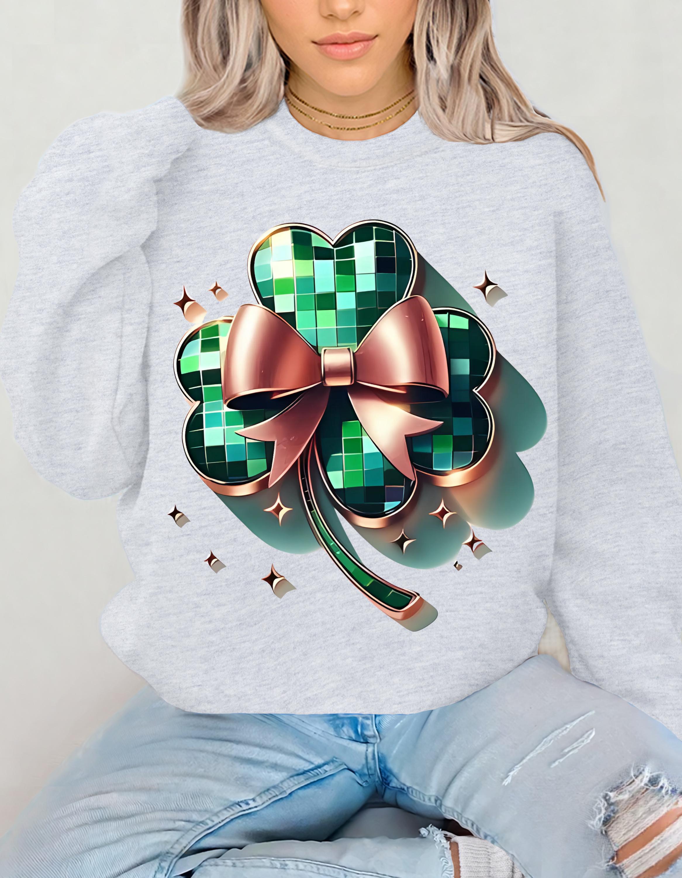 St Patrick's Day Sweatshirt, Disco Shamrock Coquette Bow, Clover Mirror Ball, Trendy Sublimation, Unisex Crewneck, Gift for Him/Her