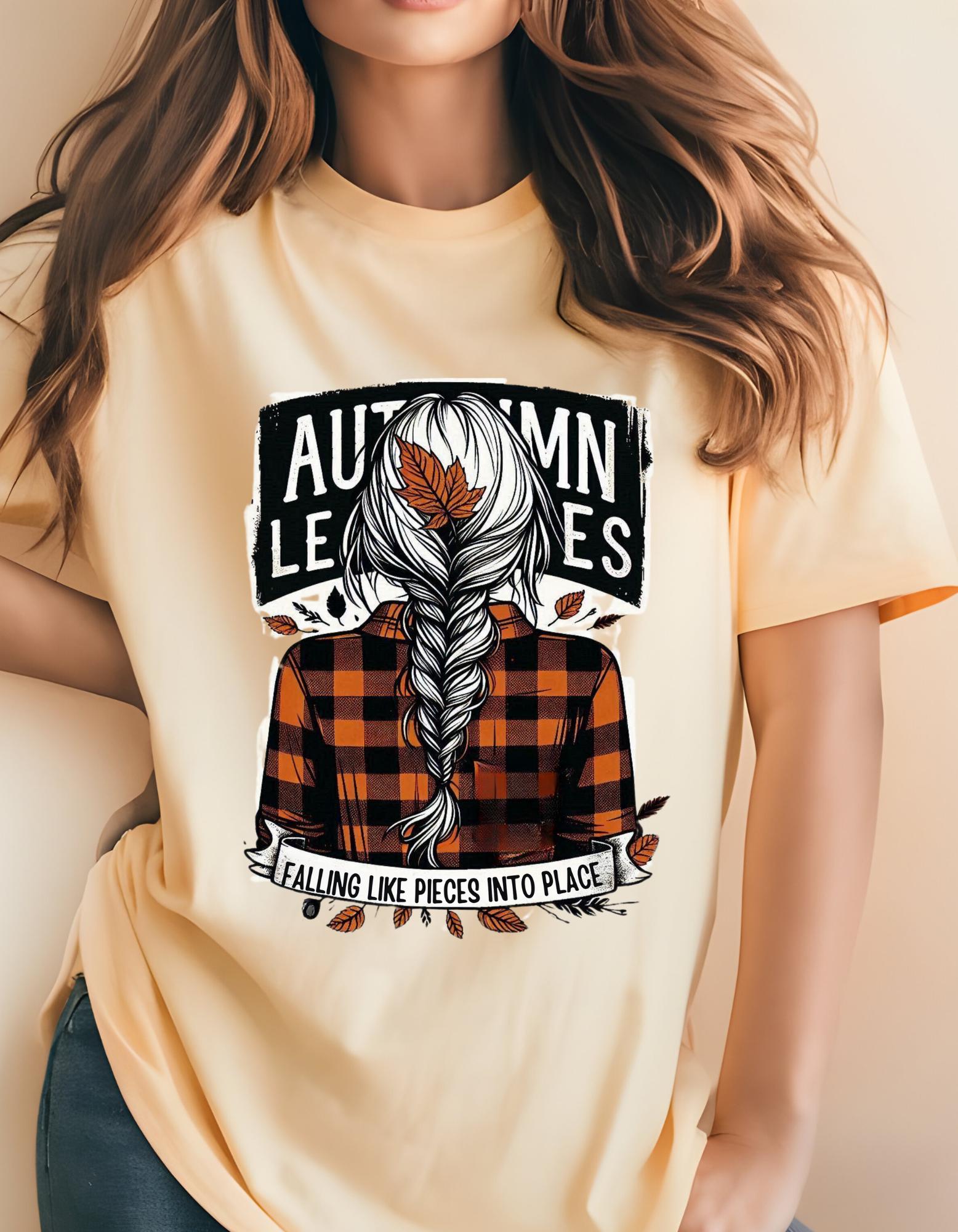 Personalisierbares Herbstblätter Plaid Zopf Grafik T-Shirt - Umarme die Herbstmode zu