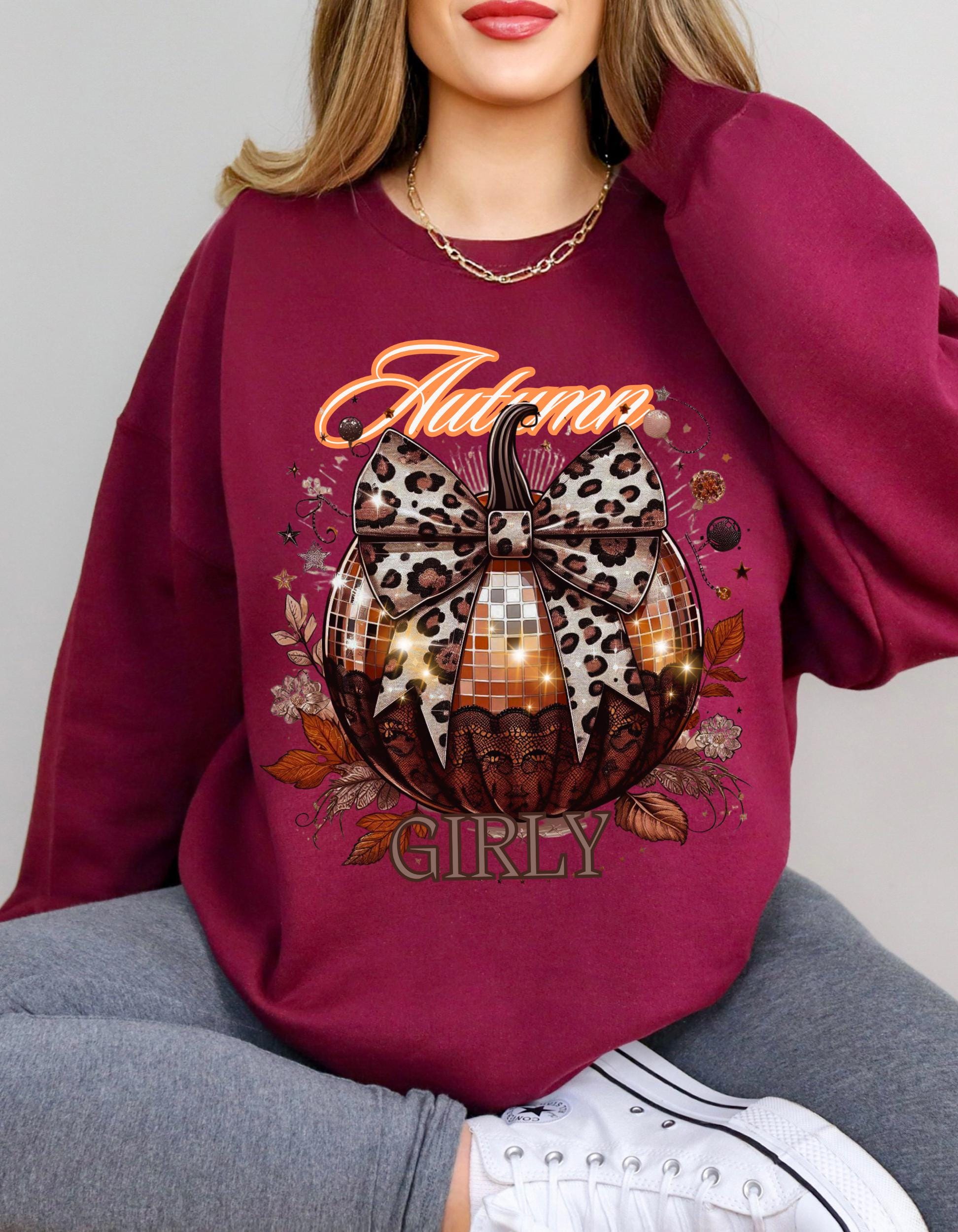 Thanksgiving Autumn Girly Disco Pumpkin Leopard Print Bow Coquette Sweatshirt, Fall Holiday Pullover Jumper, Gift for Her, Funny Halloween