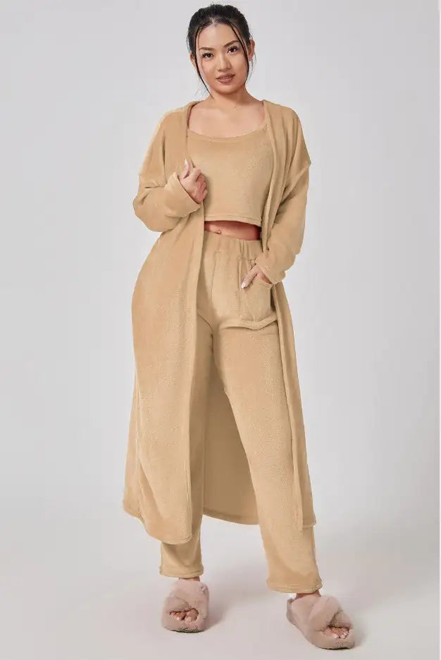 Kuscheliges Pyjama Set, 3-teiliges Lounge Set, Süße Loungewear, warme Anzug Sets, passendes Set, Lounge Set, 3-teiliges Hosenset, Damen Winterkleid