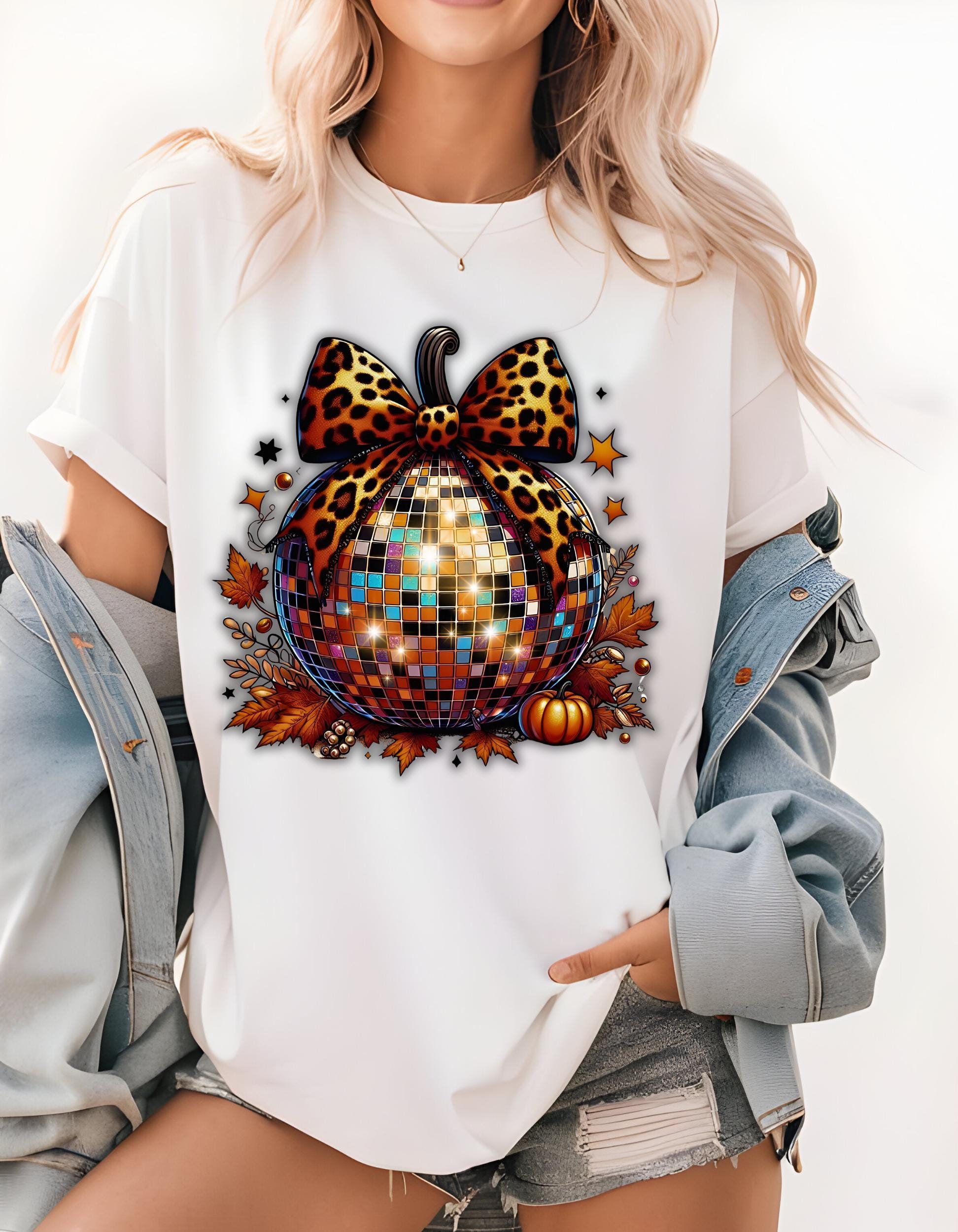 Leopard Print Disco Ball Coquette Kürbis Thanksgiving T-Shirt, Unisex T-Shirt, Vintage Style Halloween Shirt, Herbst Grafik Top, Gender Neutral