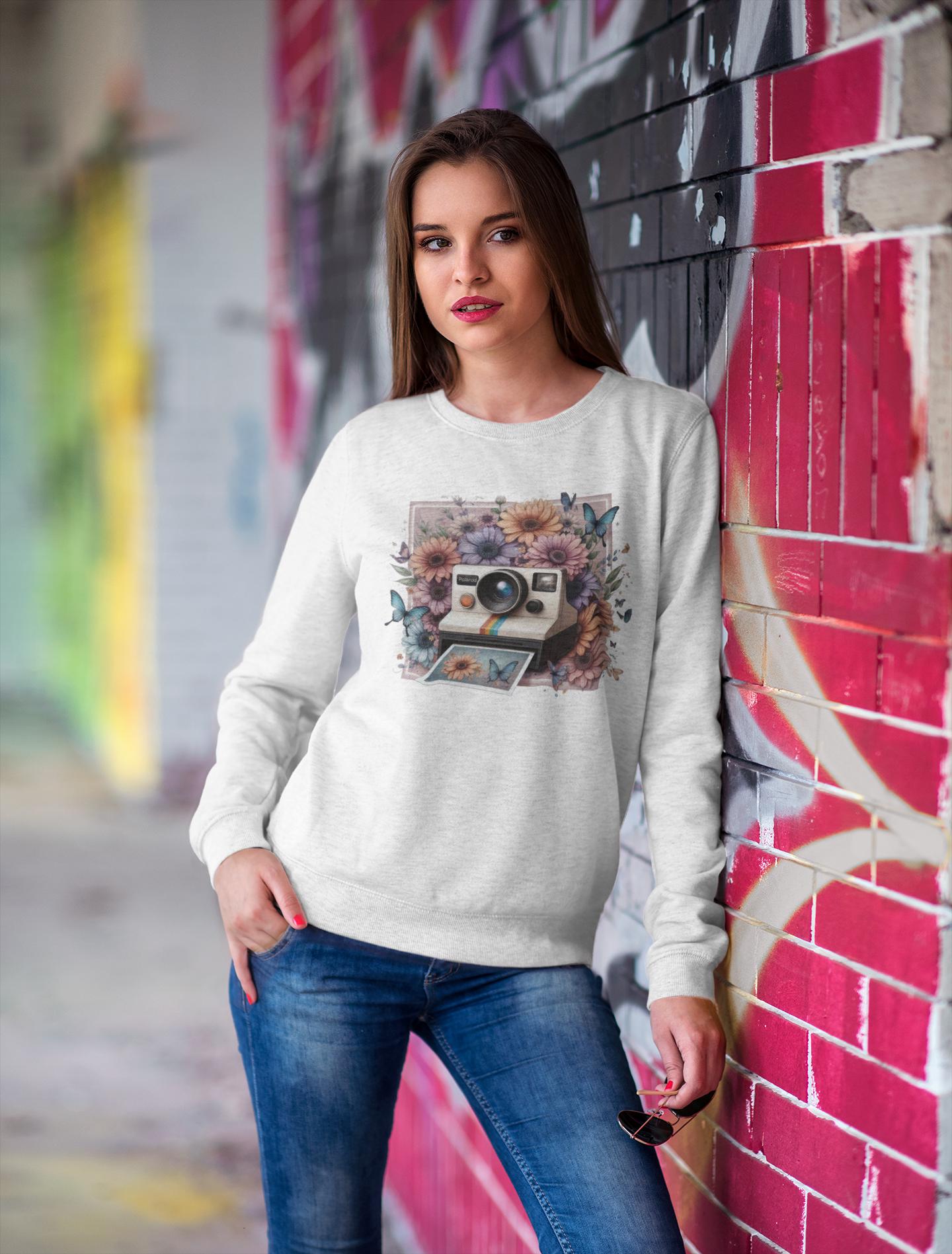 Vintage Camera Retro Butterflies Flowers Sweatshirt, 90s Style Jumper, Gift for Photographers, Floral Sweater, Graphic Print Pullover,