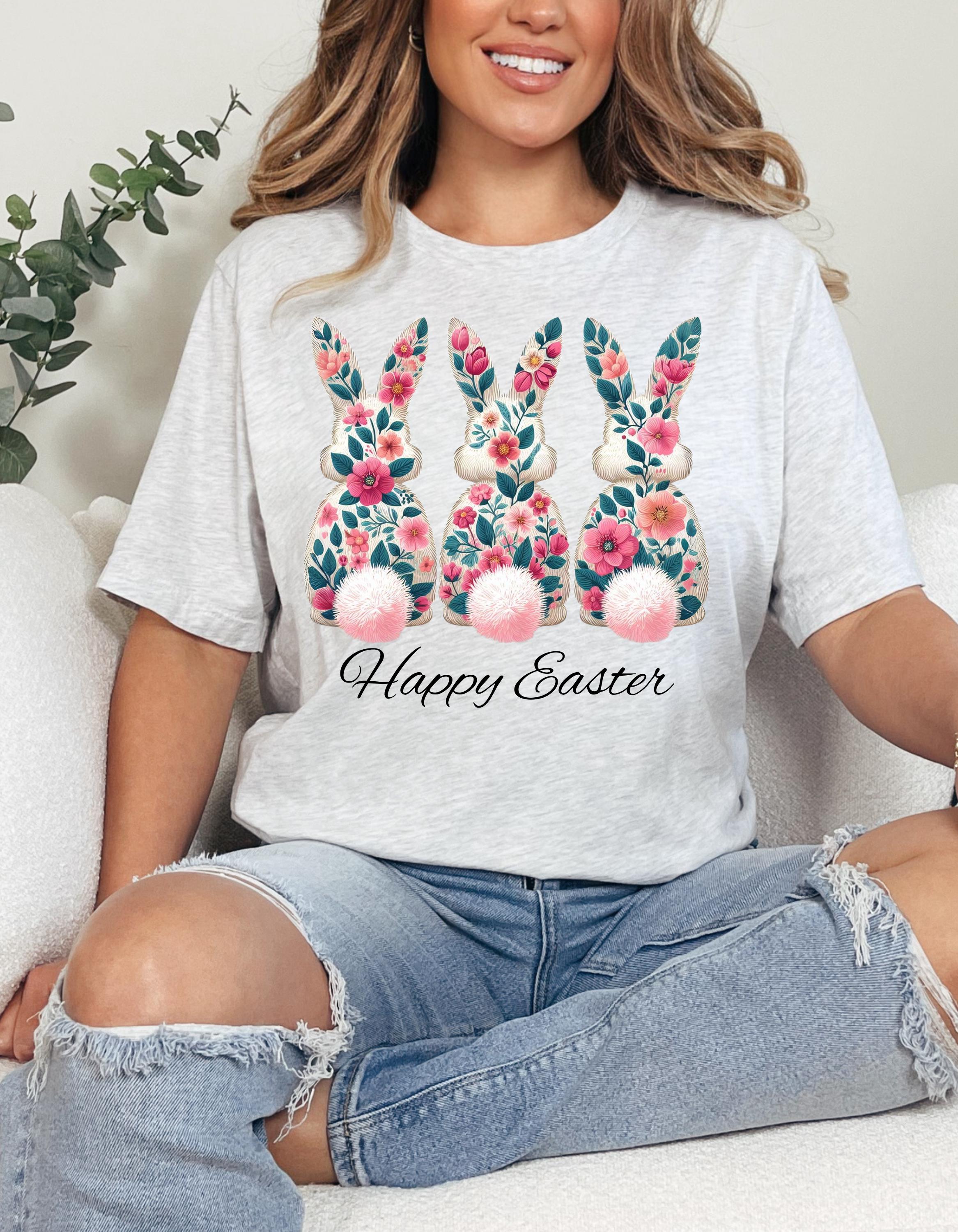 Florales Osterhasen T-Shirt, Frühlings T-Shirt, Unisex Baumwollshirt, Osterfeier Top, Süßes Geschenk zu Ostern