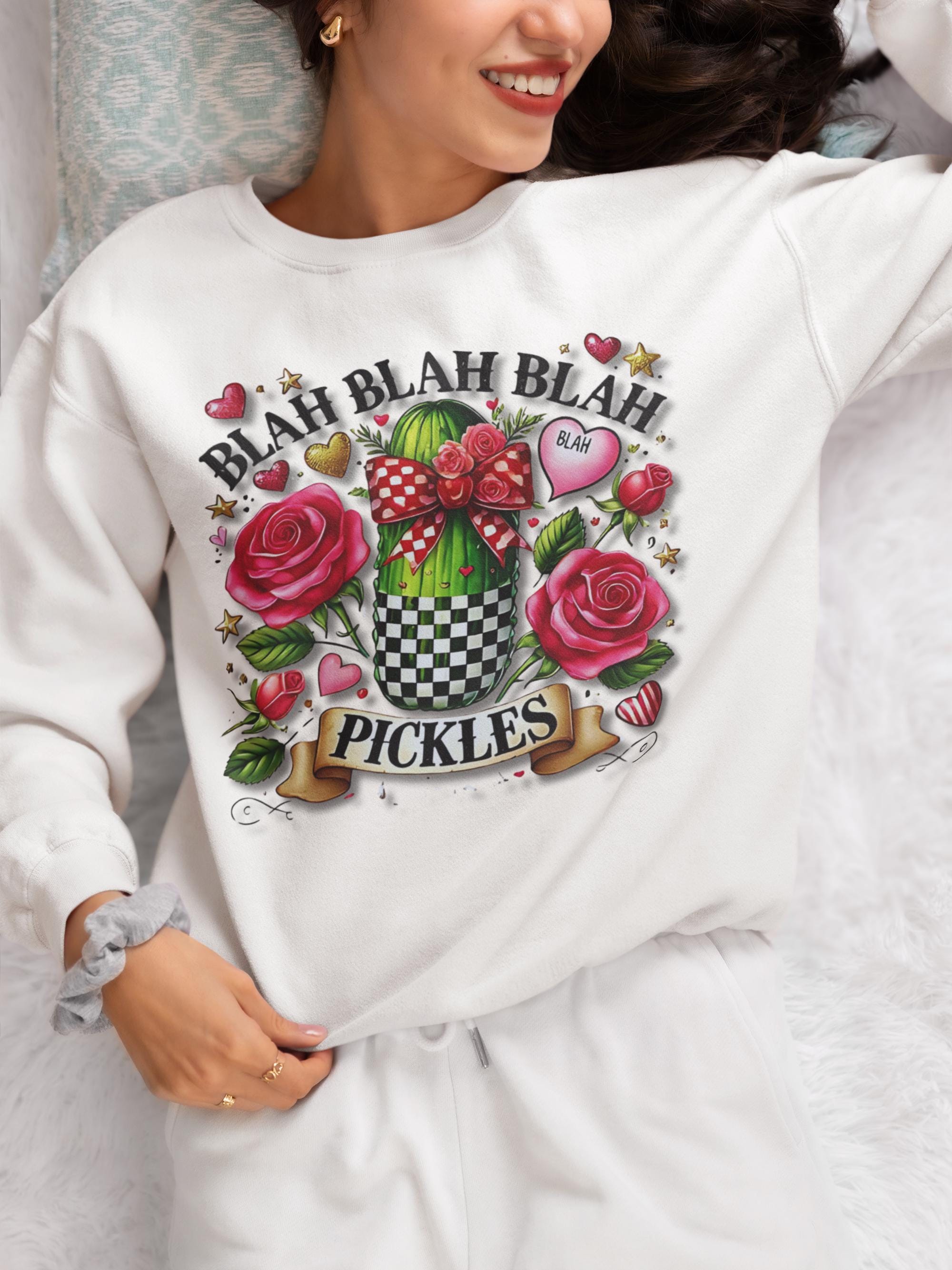 Checkerboard Pickles Coquette Unisex Sweatshirt - Valentines Gift Idea, Funny Crewneck Jumper, Quirky Top, Unique Clothing, Trendy Apparel