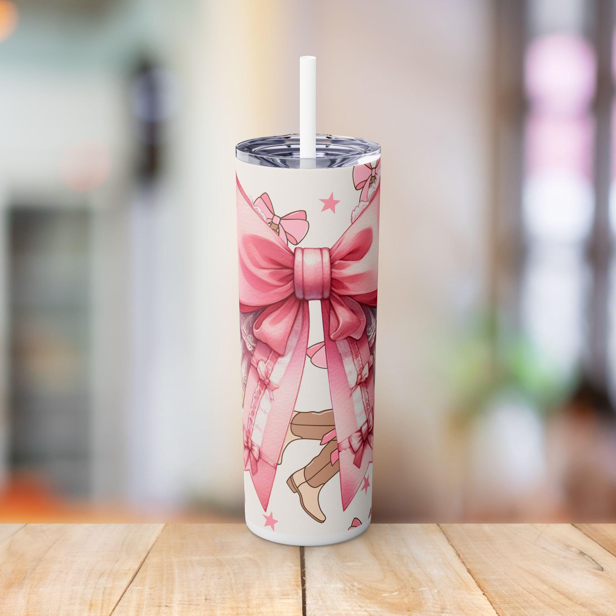 Cowgirl Coquette Bow Skinny Tumbler mit Stroh, 20oz - Western Cup, Western Tumbler, Cowgirl Geschenk, Rodeo Trinkgeschirr, Country Western Dekor