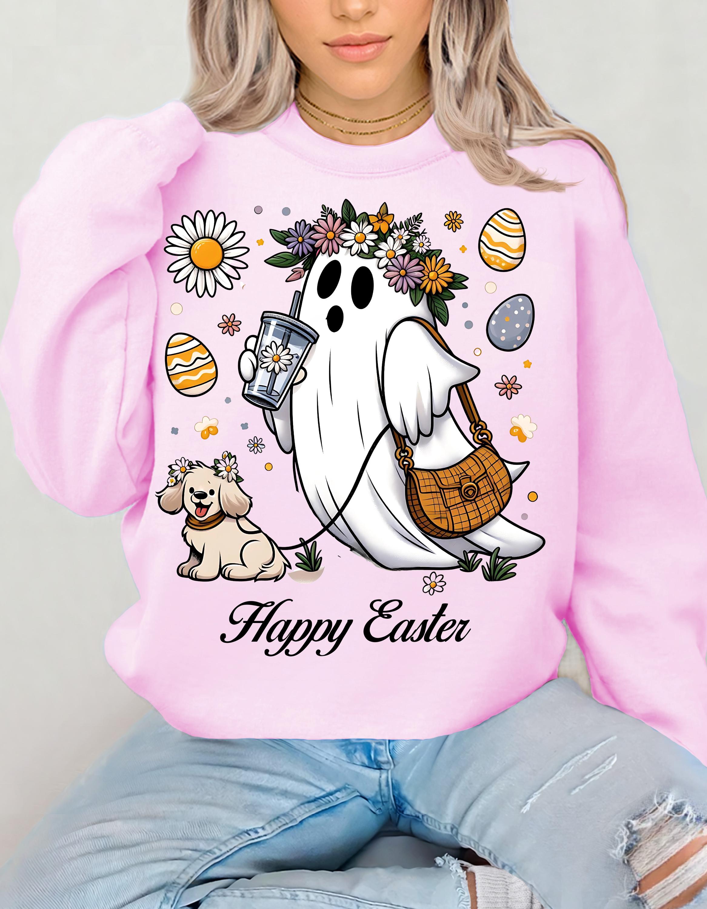 Happy Easter Ghost & Dog Sweatshirt, Unisex Crewneck, Frühlings-Urlaubs-Sweatshirt, Süßes Ostergeschenk, Gemütliche Osterbekleidung, Tierliebhaber Hoodie