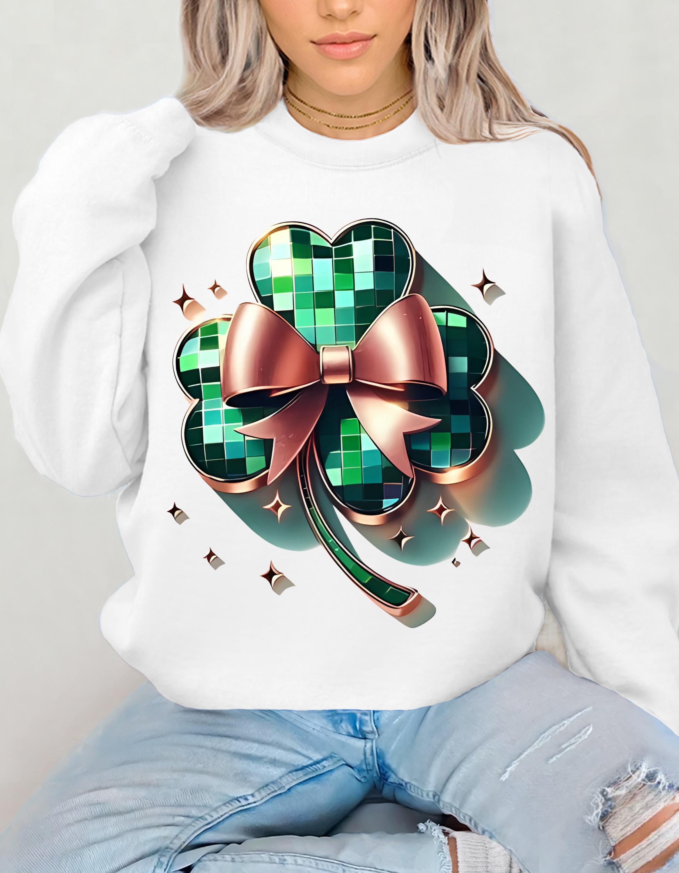 St. Patrick es Day Sweatshirt, Disco Shamrock Coquette Schleife, Kleeblatt Spiegelkugel, Trendy Sublimation, Unisex Crewneck, Geschenk für Sie/Ihn