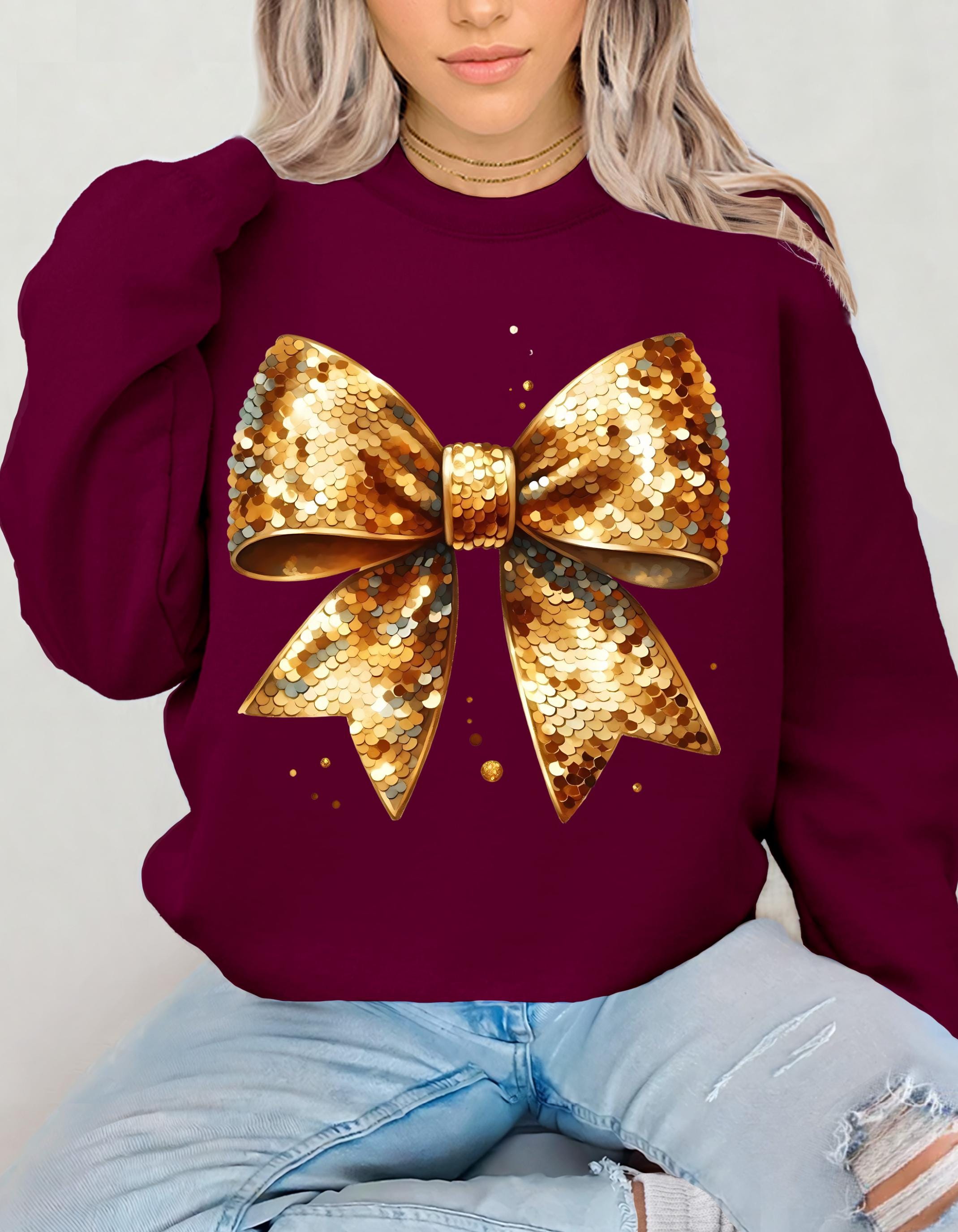 Coquette Gold Bow Sequin Crewneck Sweatshirt for New Year's Party, NYE Sweatshirt, Sparkly Sequin Holiday Sweatshirt, Christmas Sweatshirt,