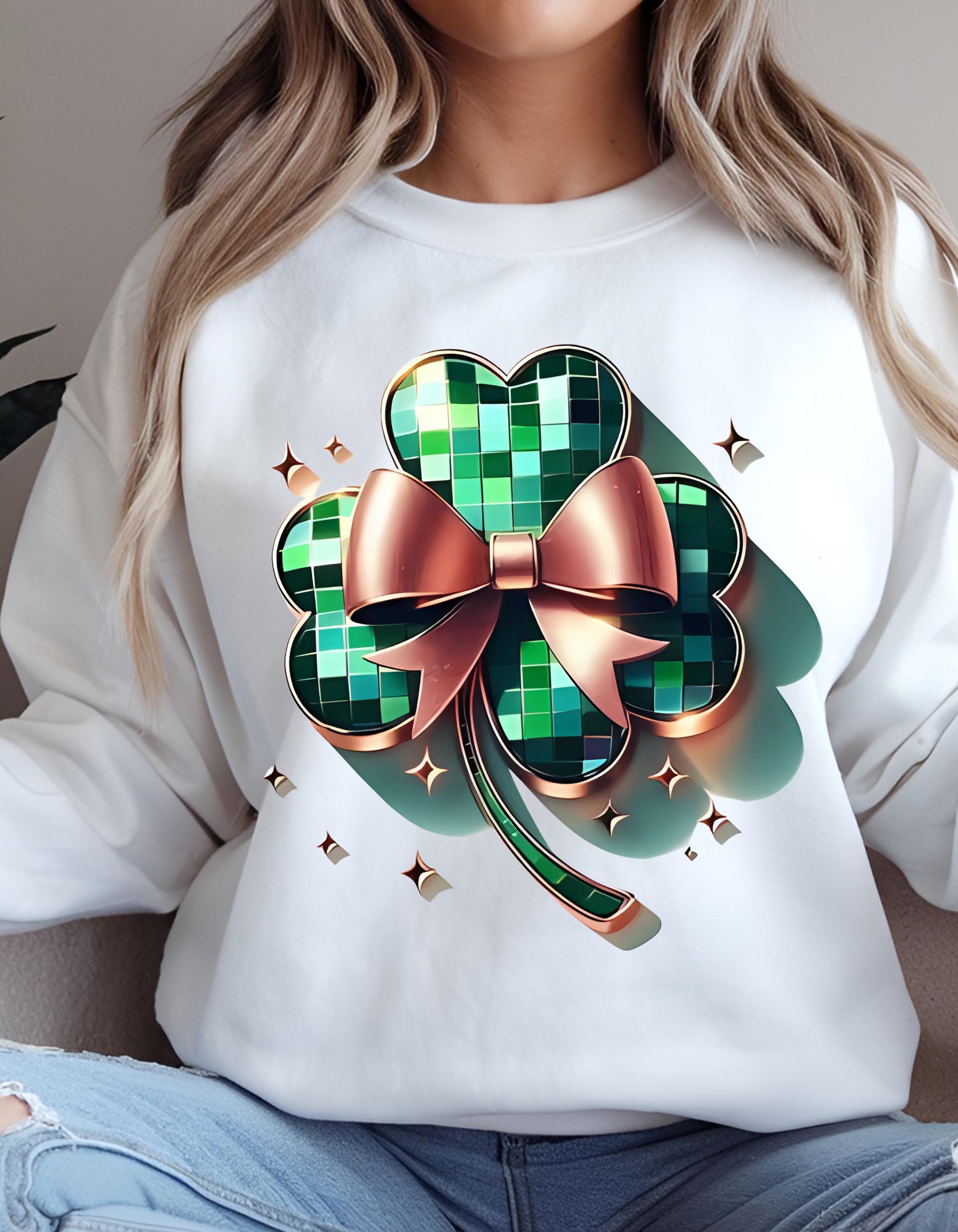 St Patrick's Day Sweatshirt, Disco Shamrock Coquette Bow, Clover Mirror Ball, Trendy Sublimation, Unisex Crewneck, Gift for Him/Her