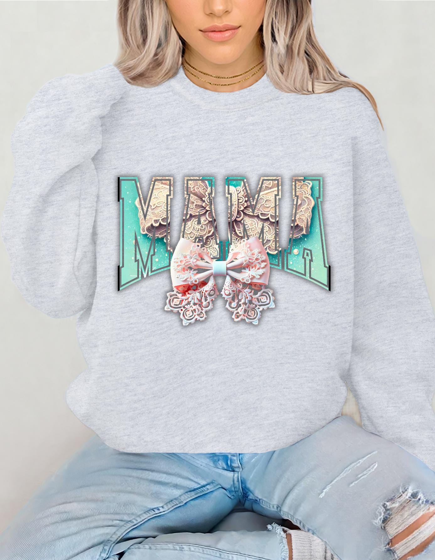 Personalizable Collegiate Font Mama Mom Gift Unisex Sweatshirt, Mother's Day Coquette Bow Design, Cute Crewneck Jumper, Gift for Her