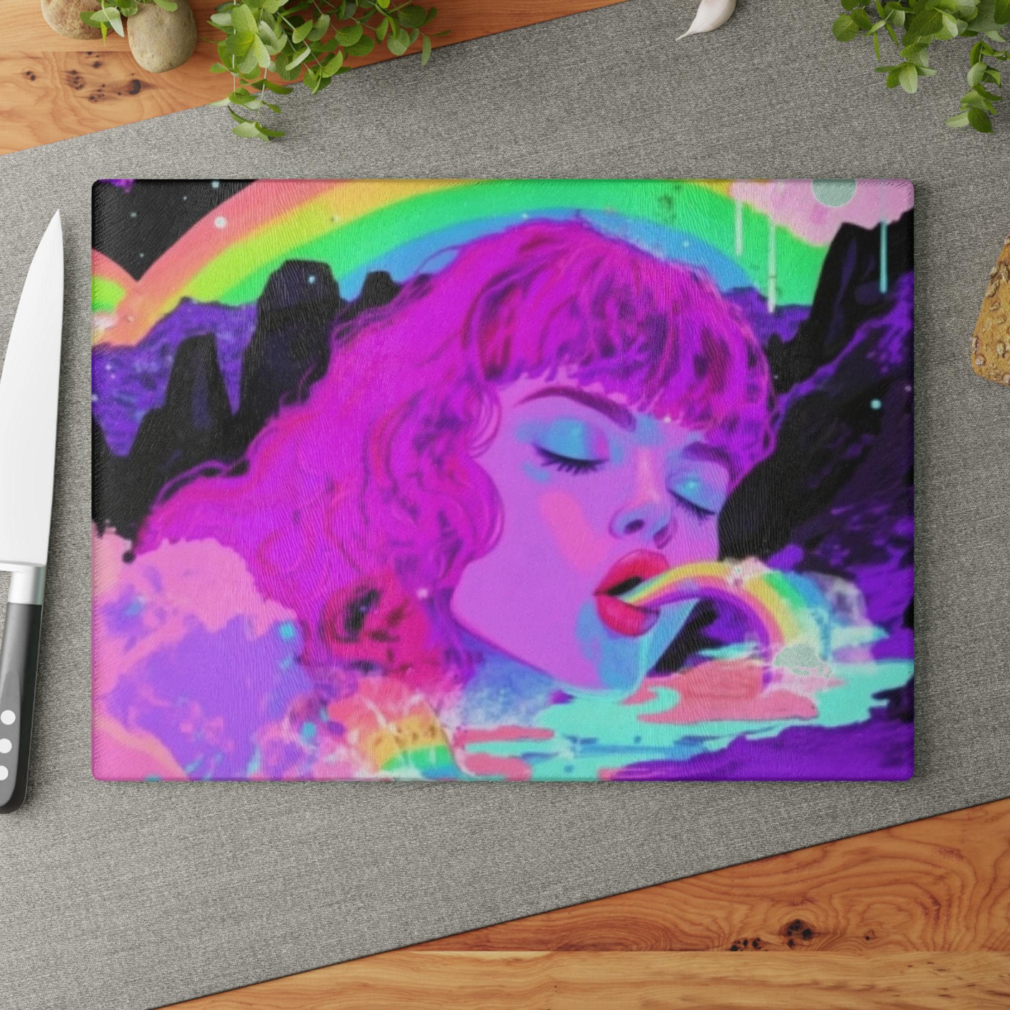 Retro Cutting Board, Vomiting Rainbows, Trippy Glass Cutting Board, Personalized Gift, Kitchen Decor, Retro Kitchenware