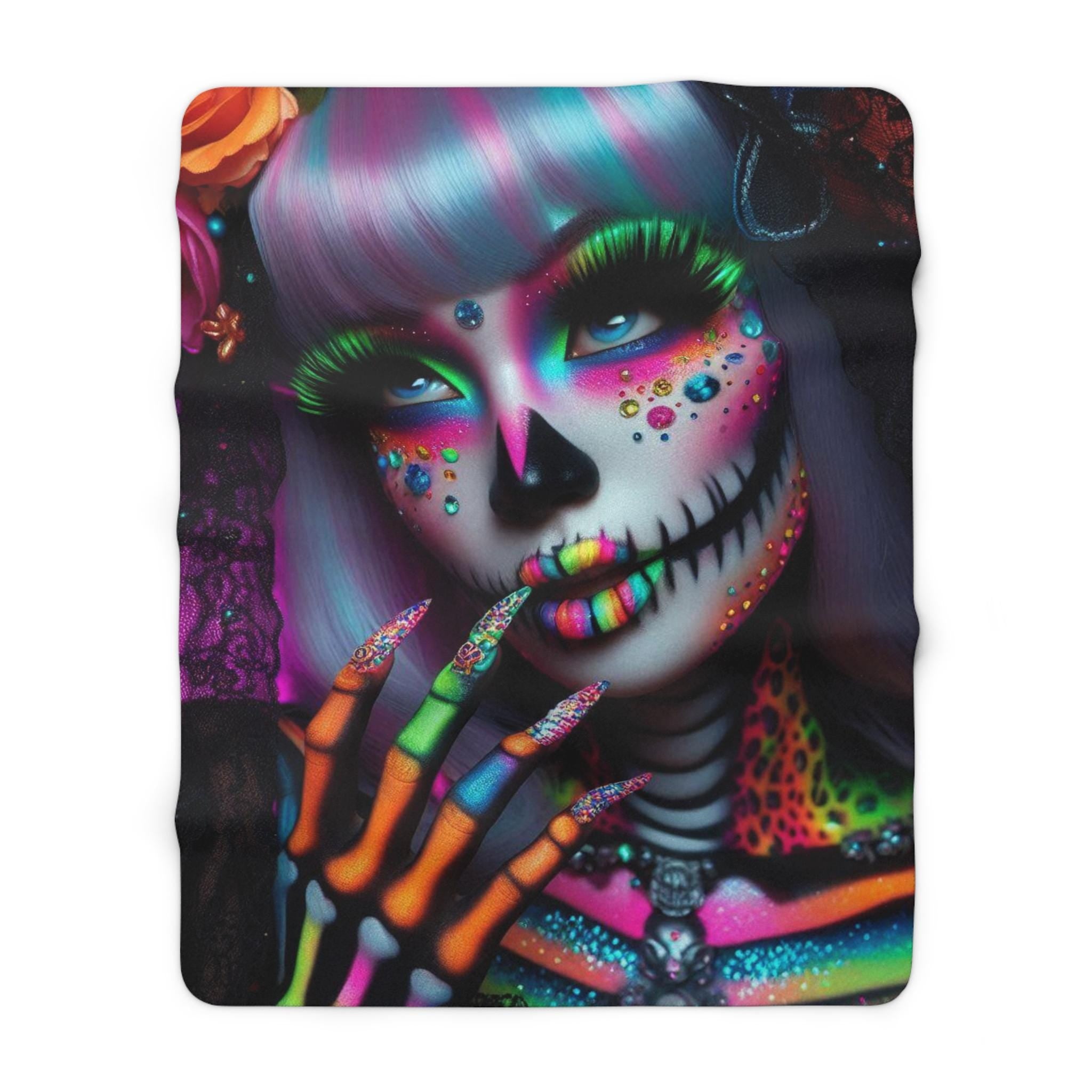 Day of the Dead Neon Skeleton Sherpa Fleece Blanket, Dia de los Muertos Cozy Throw, Halloween Decor, Mexican Skull Bedding, Gothic Home