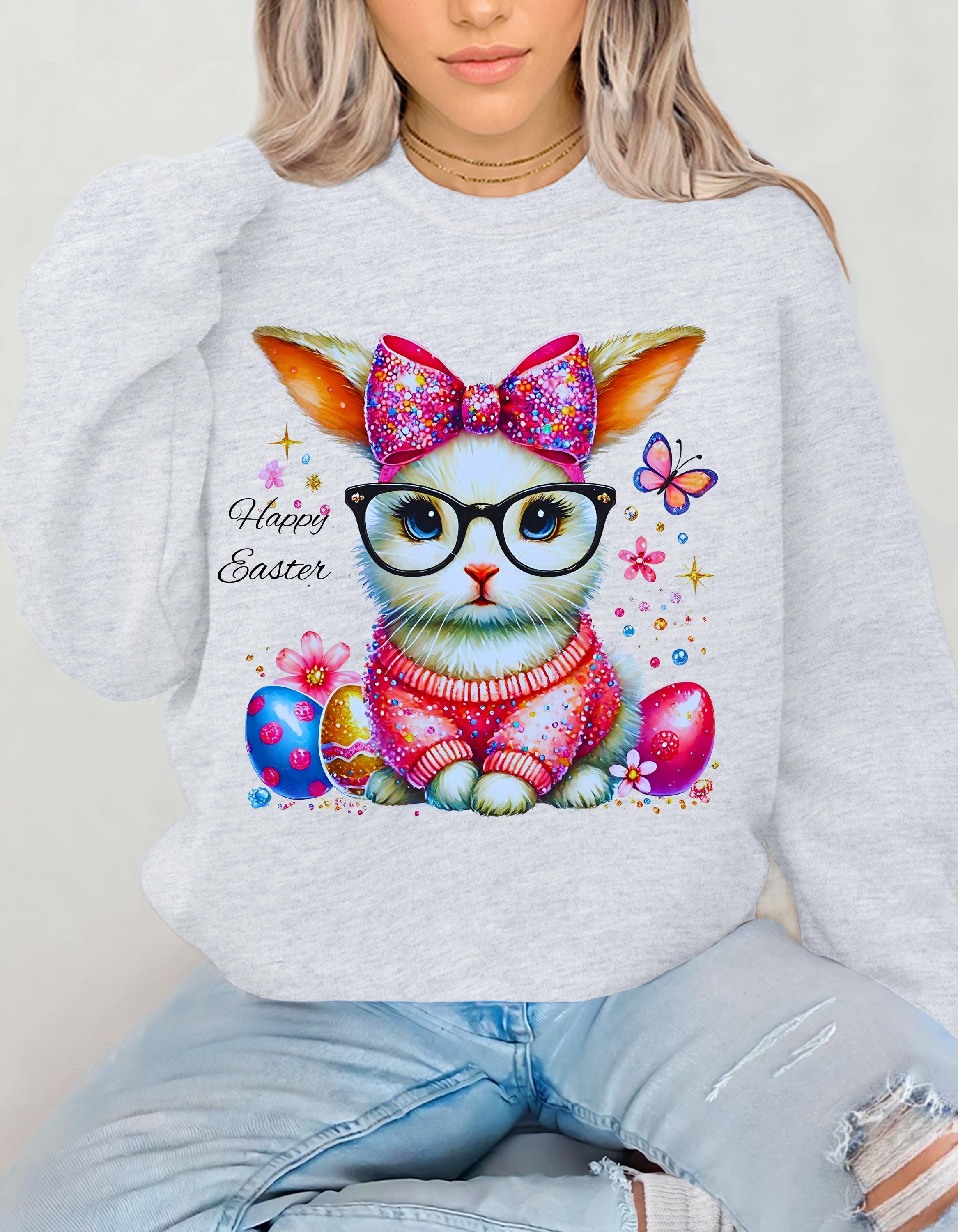 Osterhase Sweatshirt, Lustiger Hasen Brillenpullover, Frühlings-Kokettpullover, Unisex Süßer Hasenpullover, Osterurlaub Crewneck, Hase