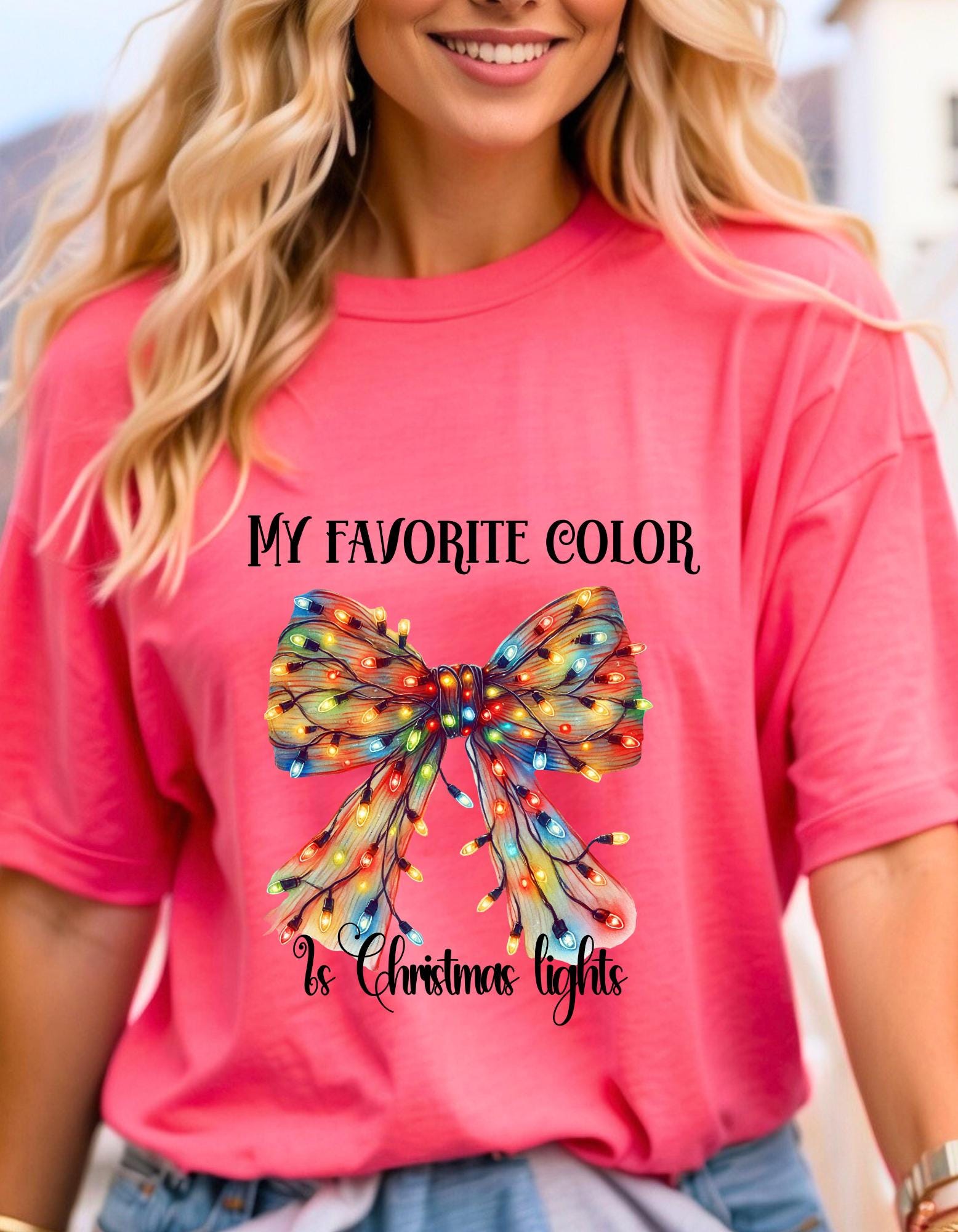 Personalizable My Favorite Color is Christmas Lights Festive Bow T-Shirt - Fun and Cheerful Holiday Apparel