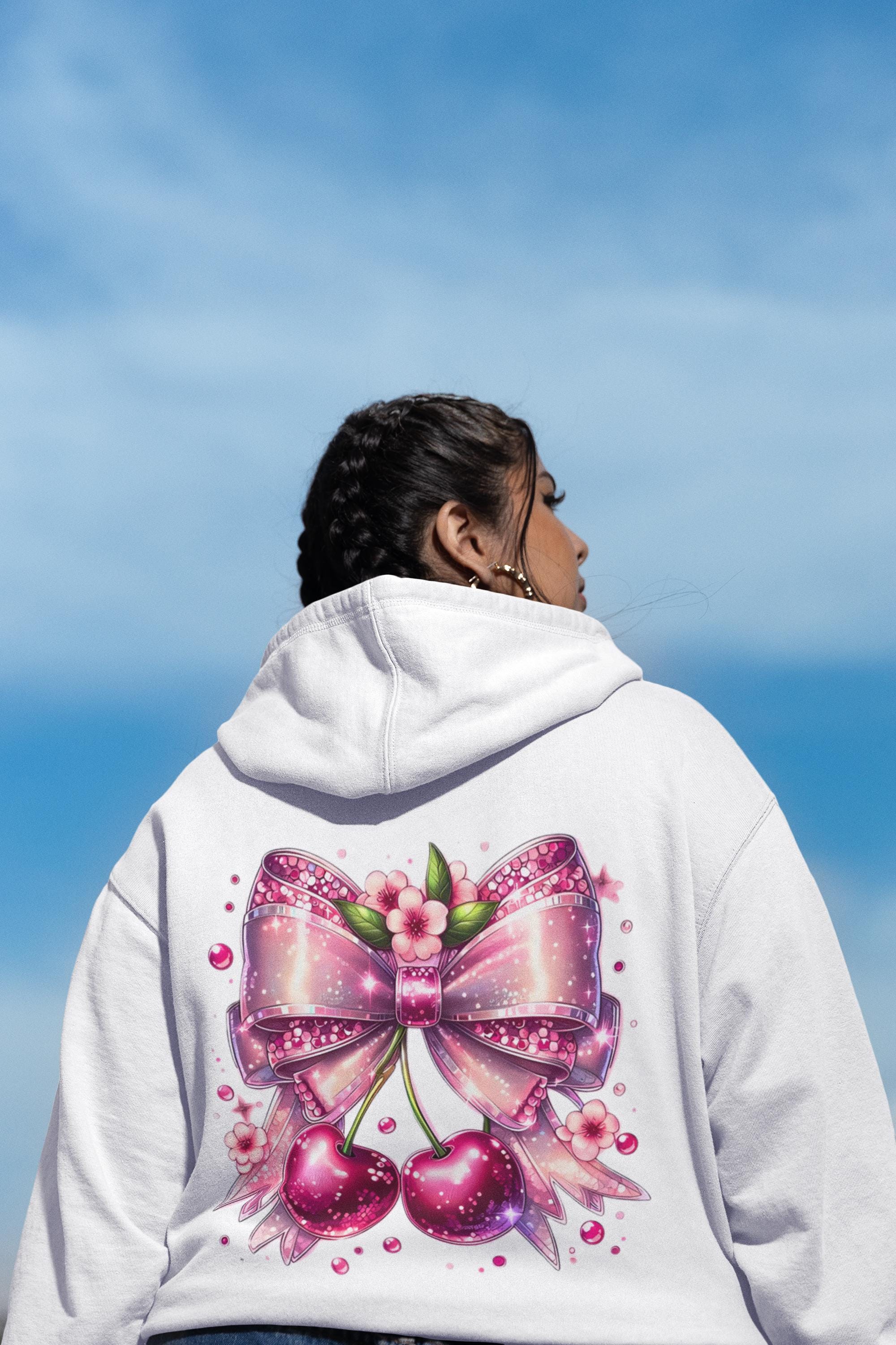 Cherry Fruit Hoodie, Unique Handmade Gift for Her, Floral Pattern Sweatshirt, Gardeners Delight, Sequined Art, Rose Gold Bow, Coquette