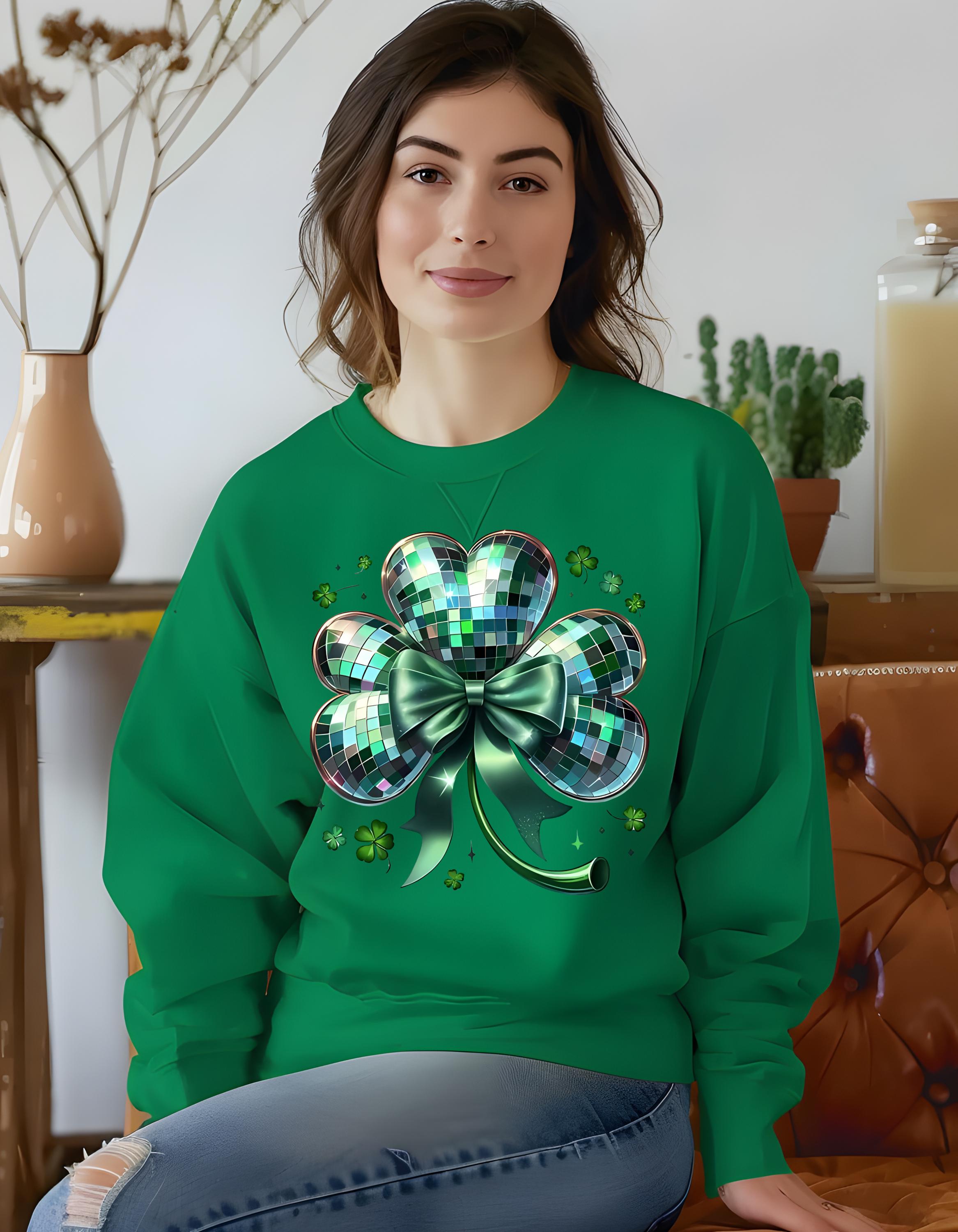 Disco Ball Clover Sweatshirt, St Patricks Day Shirt, Green Festival Top, Dance Party Apparel, Lucky Charm Jumper, Unisex Crewneck Pullover,