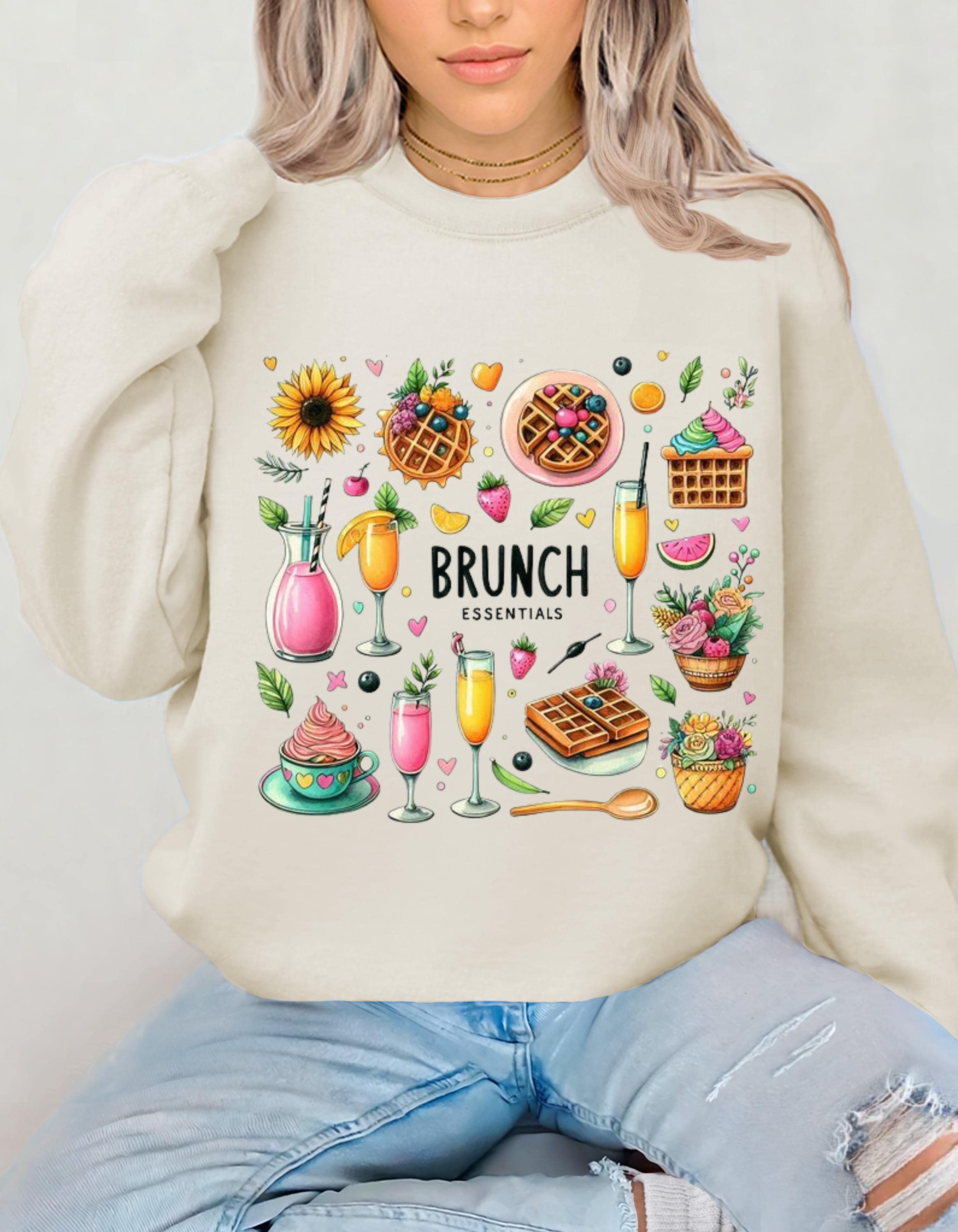 Brunch Essentials Unisex Sweatshirt, Mimosa Pancake Doodle Shirt, Orangensaft Wallfe Shirt