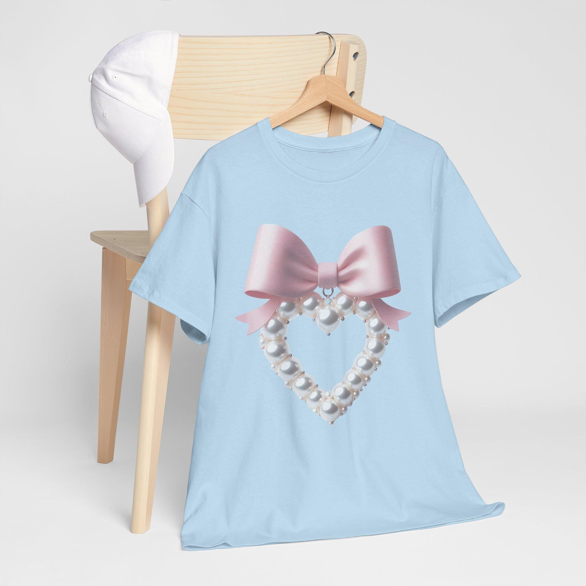 Personalizable Coquette Pearl Heart Sweater, Cute Pearl Aesthetic Shirt, Custom White Bow Tee, Unisex Cotton Top, Coquette Bow Sweater