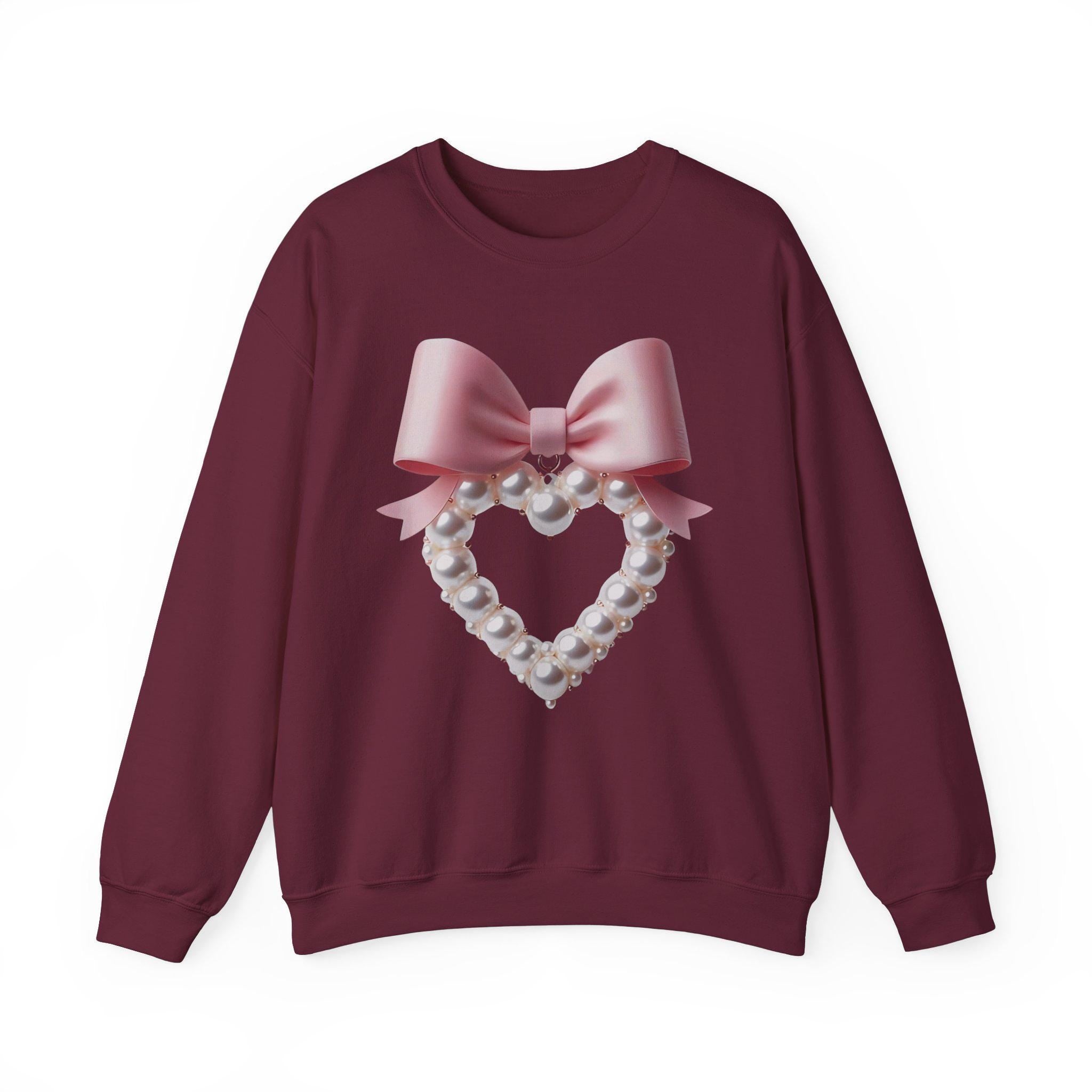 Coquette Pearl Heart Crewneck Sweatshirt, Cute Custom Bow Sweater, White Aesthetic Jumper, Trendy Pearl Design Pullover, Customized Sweater