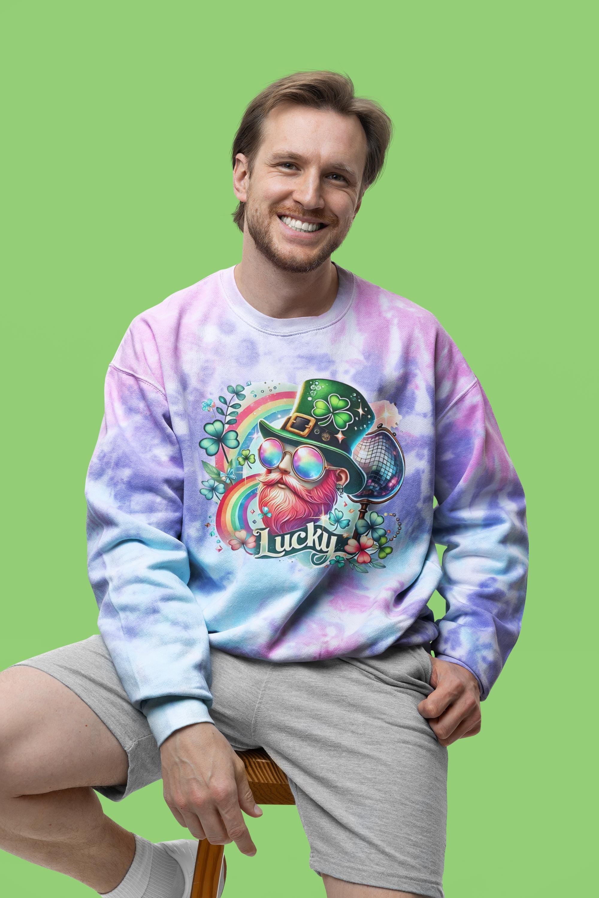 Lephrachaun Rainbow Tie-Dye Sweatshirt for St. Patrick's Day, Unisex Jumper, Discoball Pullover, Luck of the Irish Hoodie, Festive St.