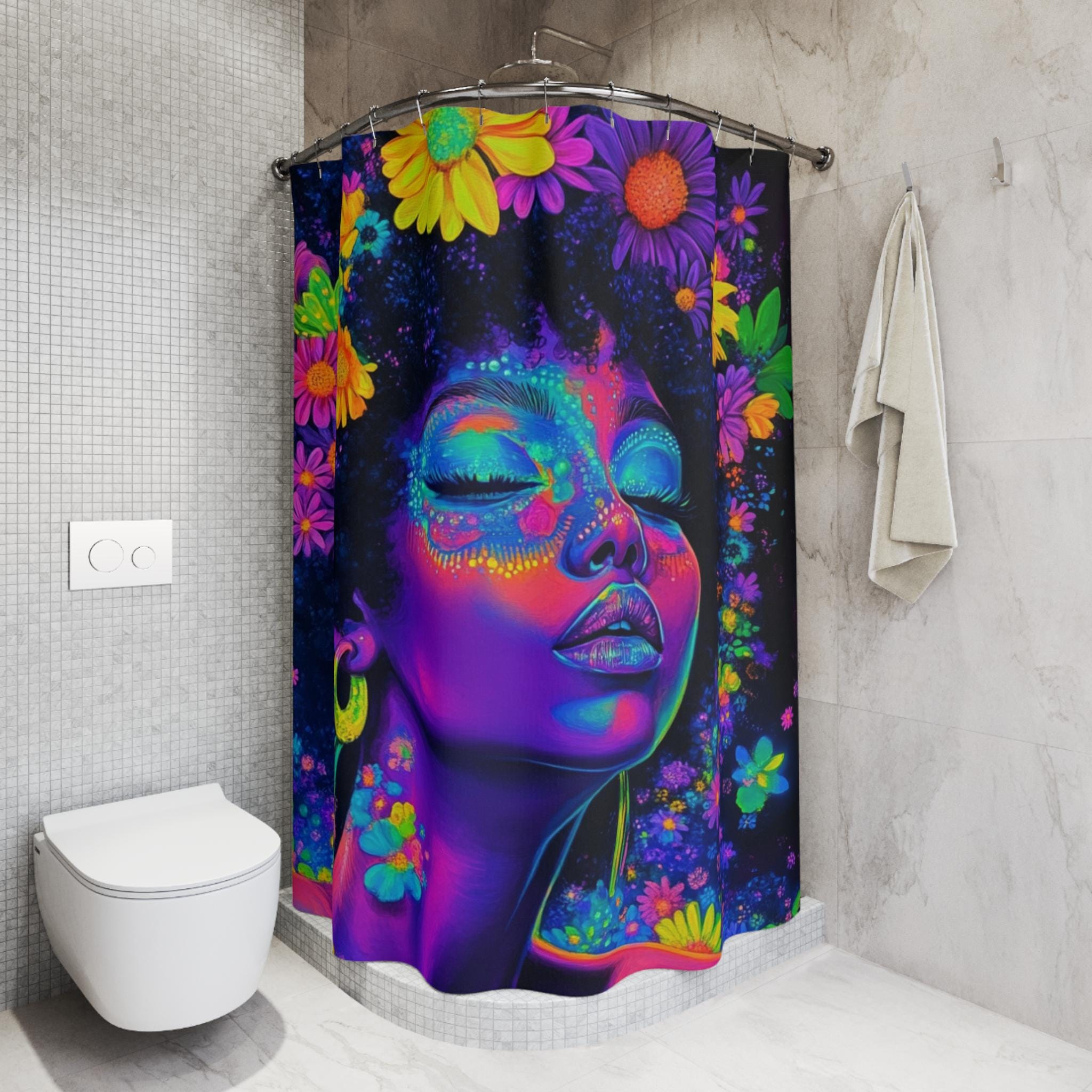 Neon Black Girl Afro Shower Curtain - Black Girl Magic Y2K Bathroom Decor, African American History, Black Woman Art, Neon Butterflies,