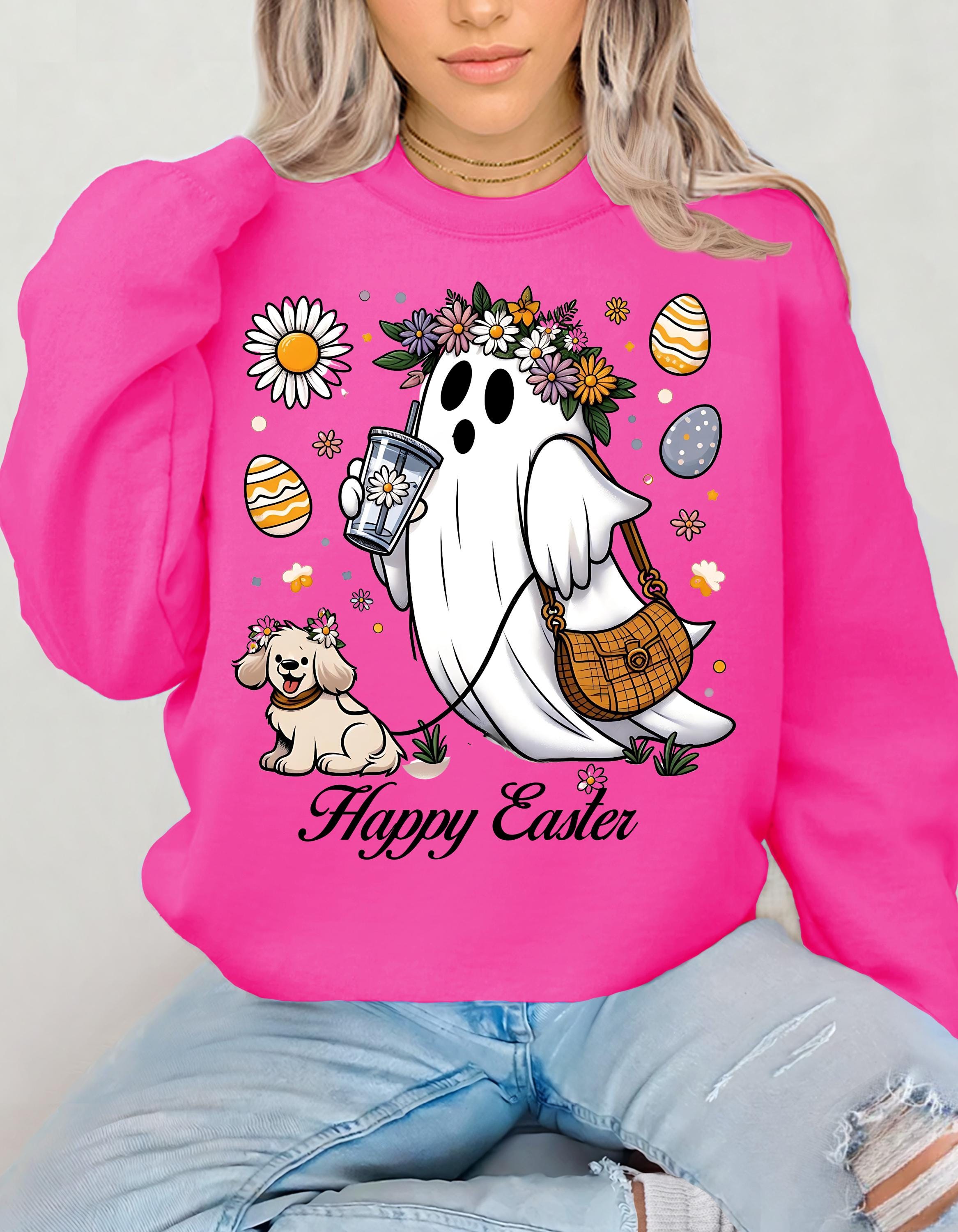 Happy Easter Ghost & Dog Sweatshirt, Unisex Crewneck, Frühlings-Urlaubs-Sweatshirt, Süßes Ostergeschenk, Gemütliche Osterbekleidung, Tierliebhaber Hoodie