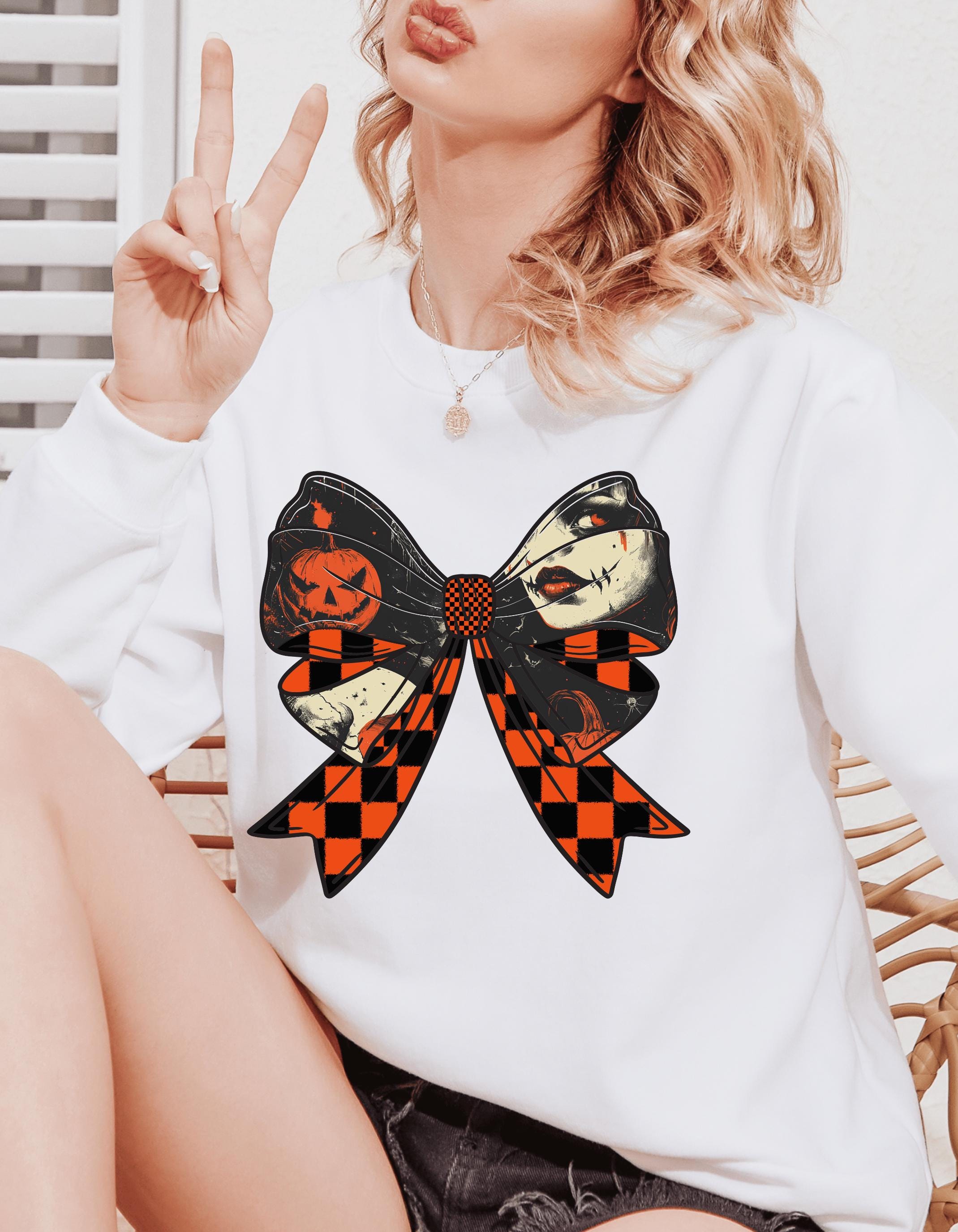 Personalizable Horror Coquette Bow Sweatshirt - Spooky and Stylish Halloween Apparel