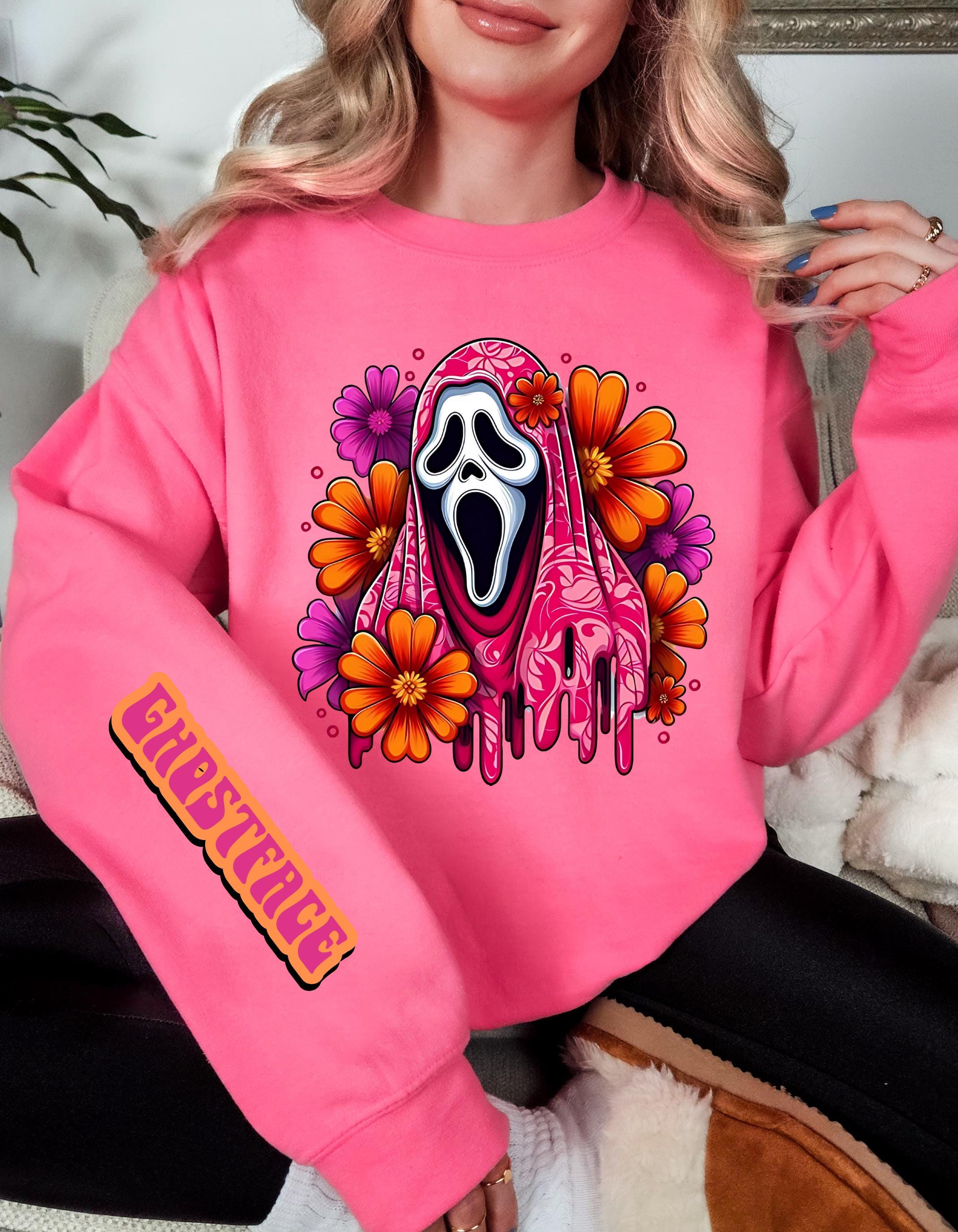 Personalisierbares Boho Geister Sweatshirt - Halloween Hippie Horror Pullover mit floralem Geistersweatshirt