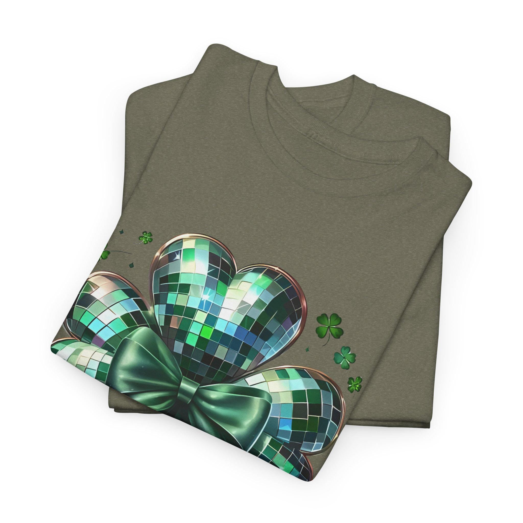 Disco Ball Clover Unisex Heavy Cotton Tee, St Patricks Day Shirt, Green Festival Top, Dance Party Apparel, Lucky Charm T-Shirt