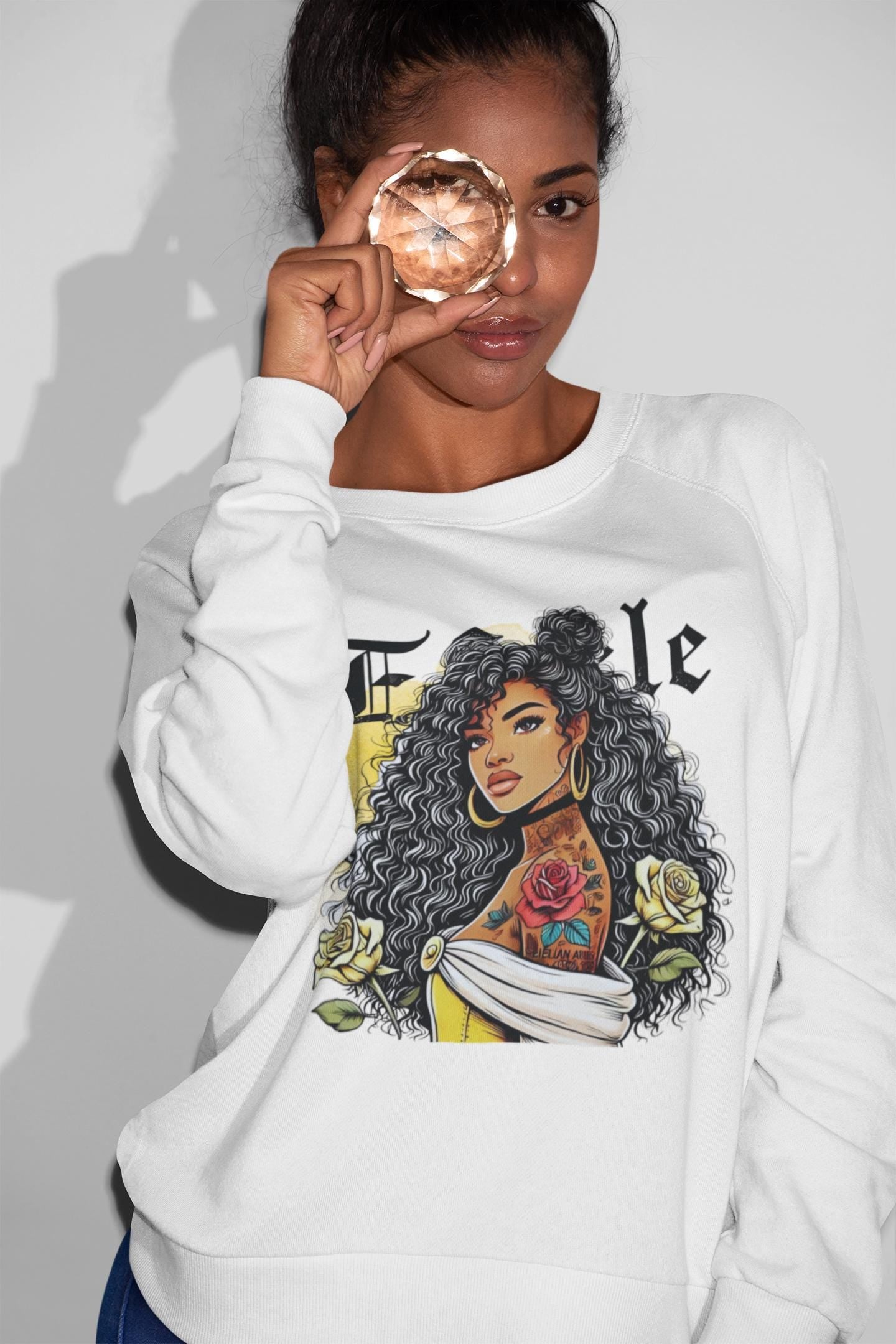 Personalizable Tattooed Black Princess Beauty Belle Crewneck Sweatshirt - African American, Afrocentric, Cultural, Ethnic, Gift for Her