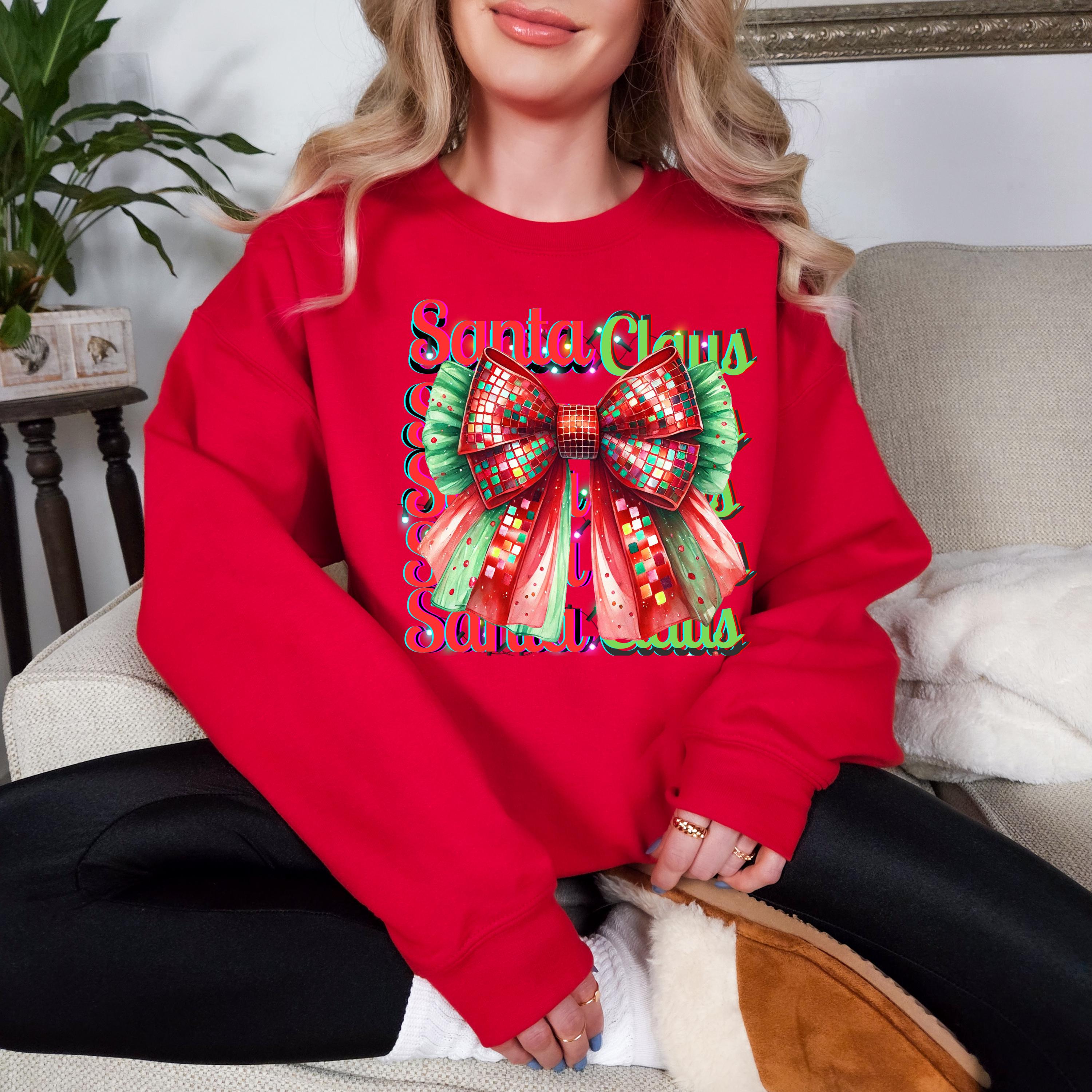 Personalizable Santa Claus Sequinned Bow Sweatshirt Festive Holiday Fashion